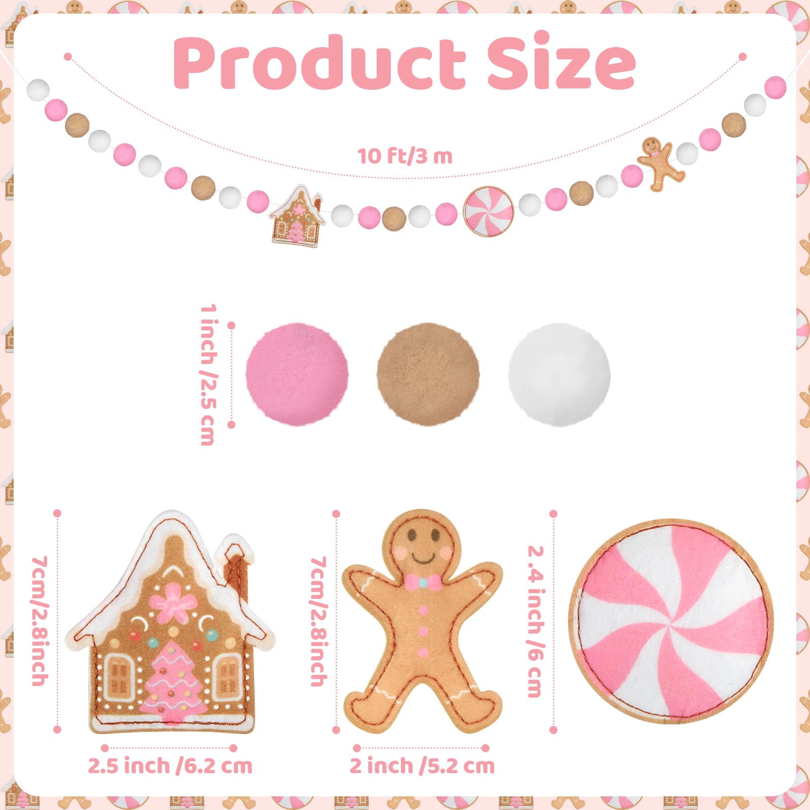 HunnmingRe Pink Christmas Gingerbread Garland 10 ft Gingerbread Man Candy House Pom Ball Felt Banner Pink White Brown Hanging De