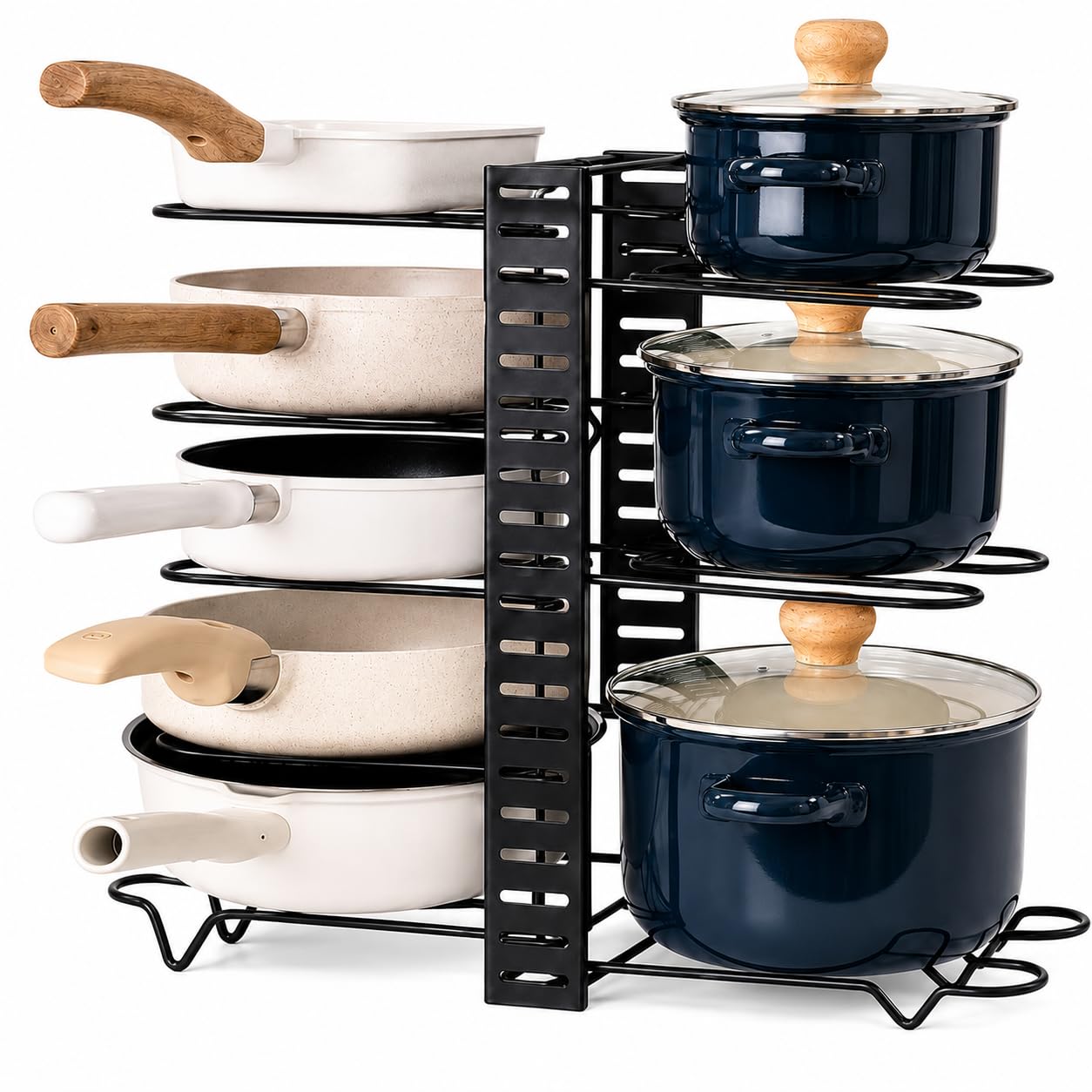 Pots and Pans Organizer Under Cabinet, DualSided Rack, 8 Adjustable Tiers