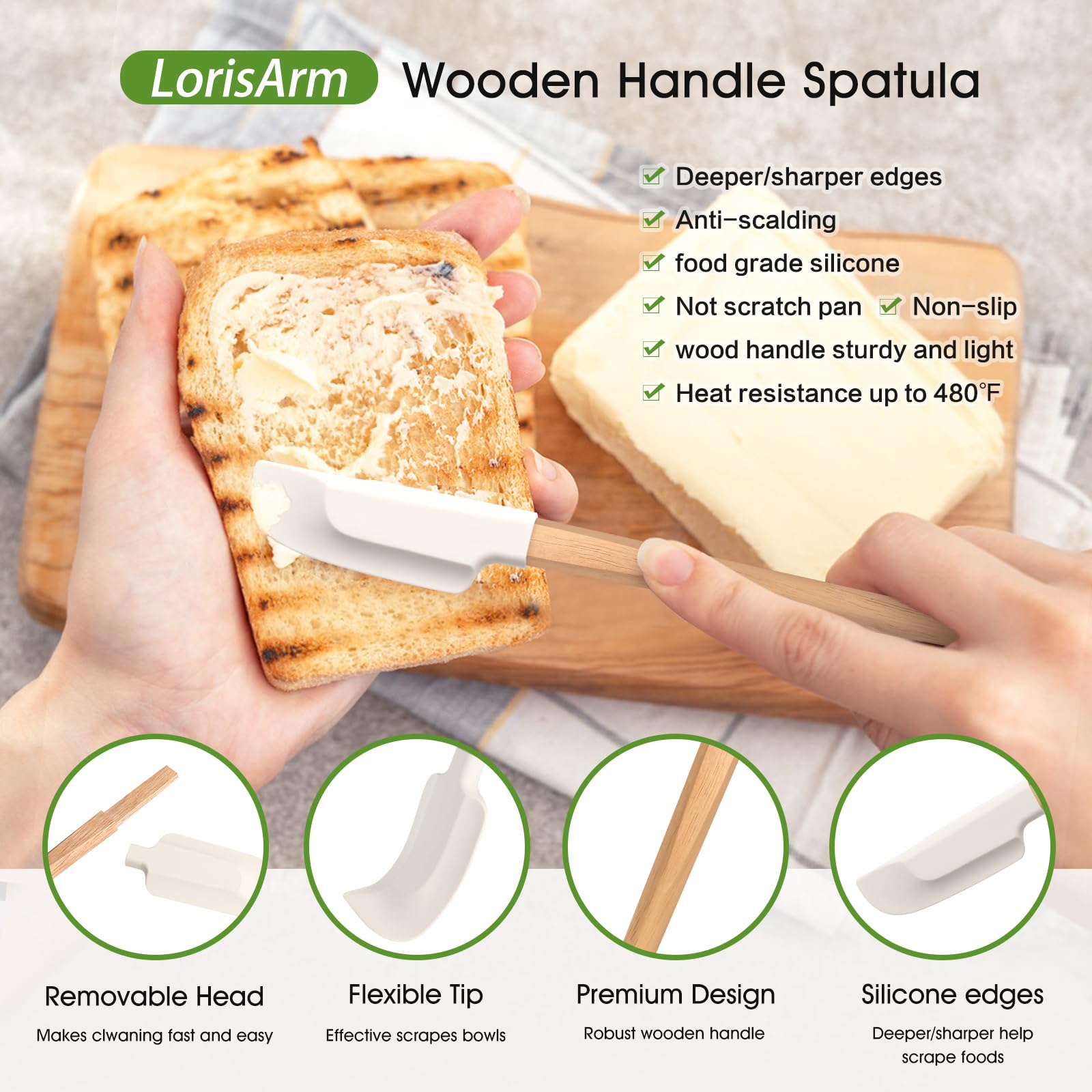 Lorisarm Wooden Long Handle Jar Spatulas, 12'' & 9'' Rubber Spatula Scraper Silicone Spatulas For For Jar, Blender, Bottle.