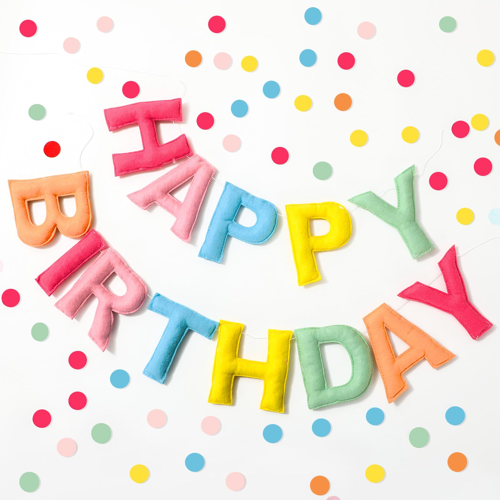 JarThenaAMCS Happy Birthday Felt Garland 3D Hanging Banner Rainbow Party Decorations for Birthday Pastel Party Decorations, 4.3 