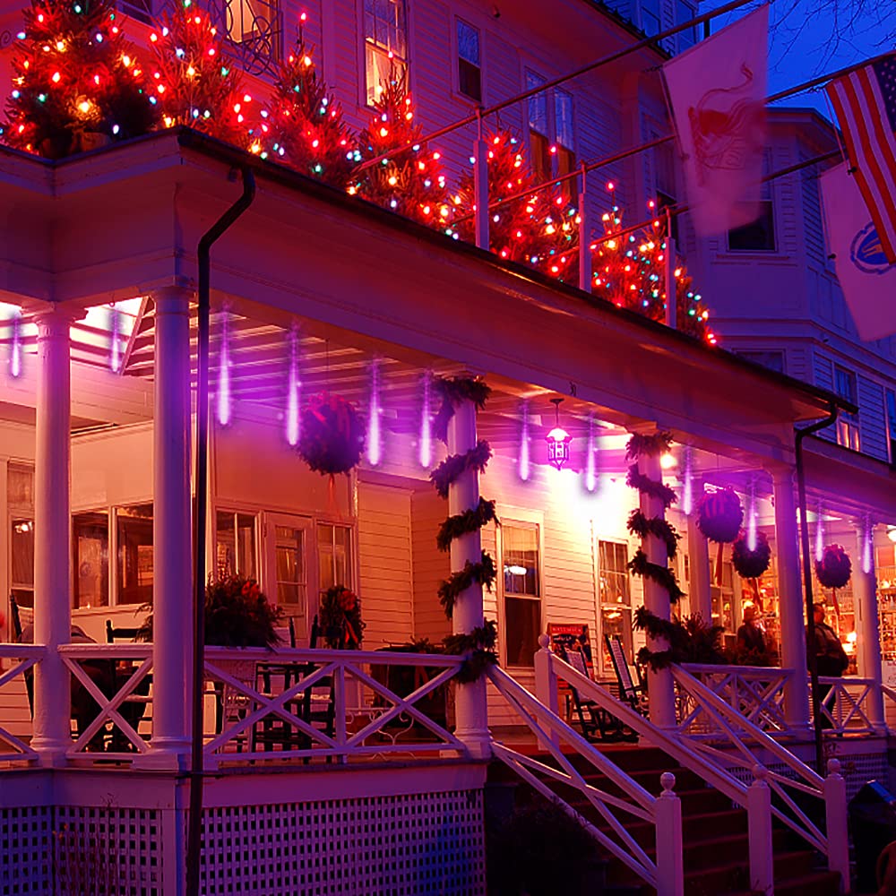 Kwaiffeo Purple Christmas Lights Outdoor, 16 Tubes Meteor Shower Light (Equivalent to 2 Sets of 8-Tube) for Halloween Christmas
