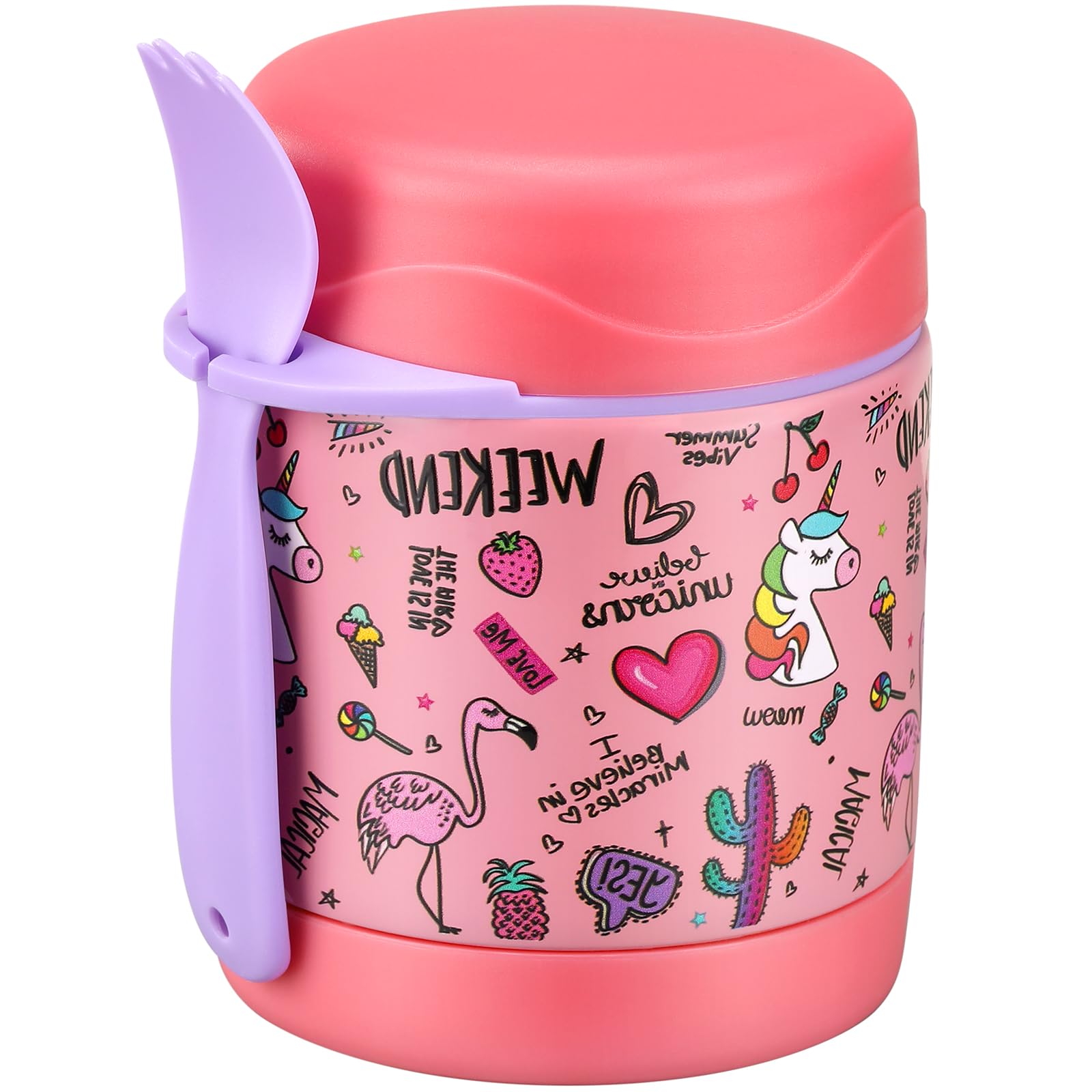 Insulated Soup Jar for Kids - 10oz, Leak Proof, Stainless Steel, Wide Mouth, Pink-Flamingo