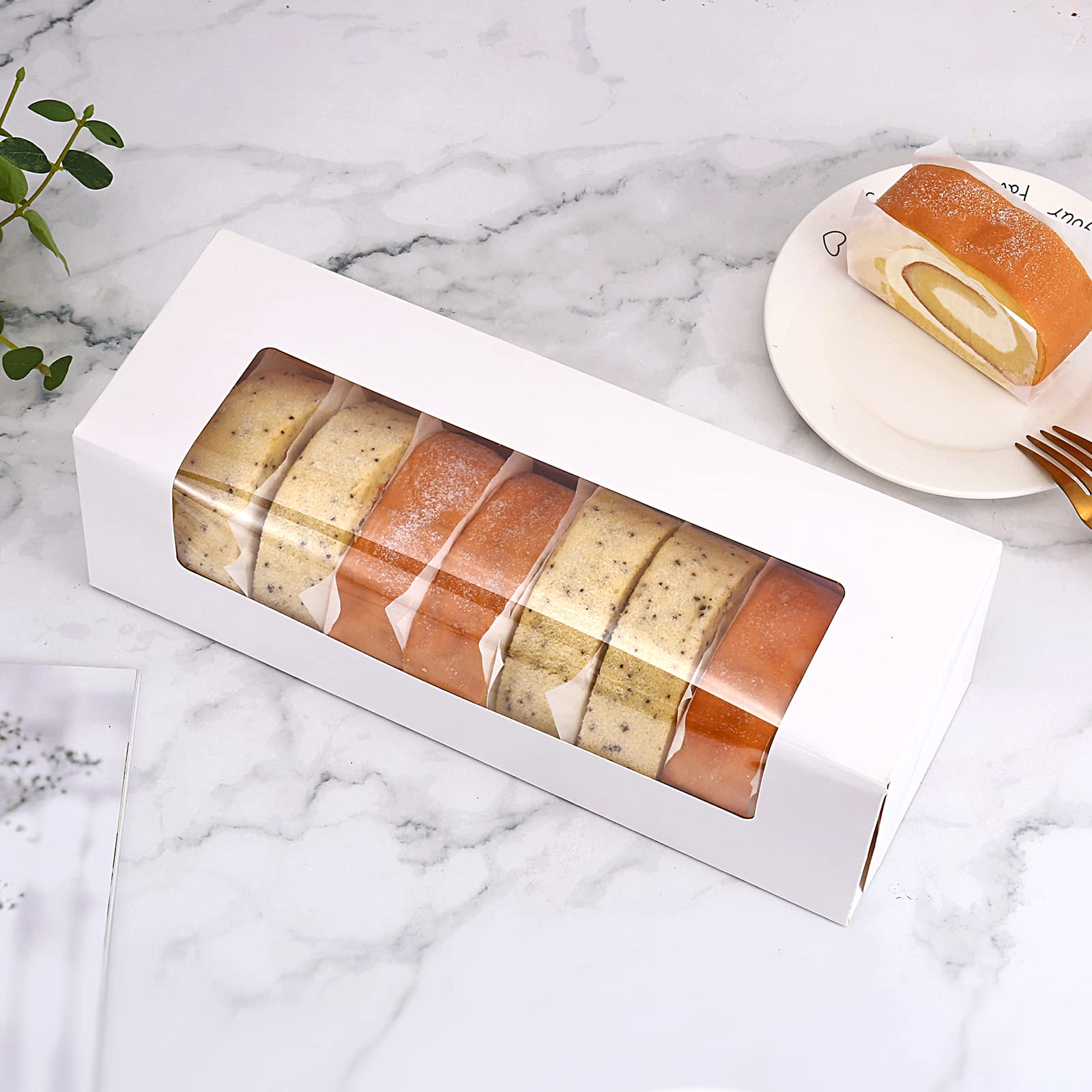 Rifmeae 12'' X 4'' X 3.5'' Roll Cake Boxes, Loaf Cookie Boxes, White Bakery Boxes With Window, Auto-Popup Treat Boxes For Donuts