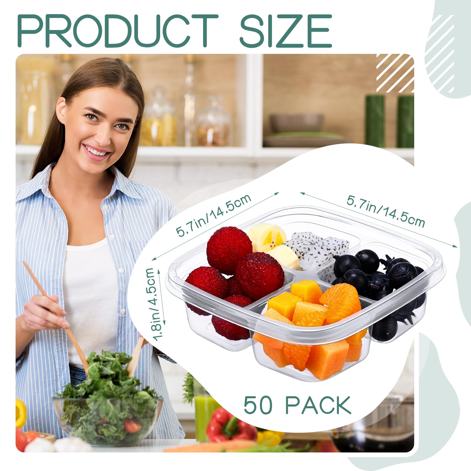 Dandat 50 Pcs Clear Plastic Bento Boxes 4 Compartment Reusable Snack Containers Leakproof Food Container Food Prep Bento Box Wit