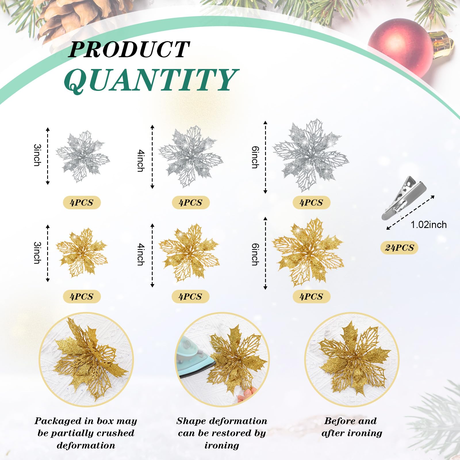 Boao 24 Pieces Gold and Silver Christmas Poinsettia Flowers Glitter with Clips Christmas Ornaments Decorations for Tree Artifici