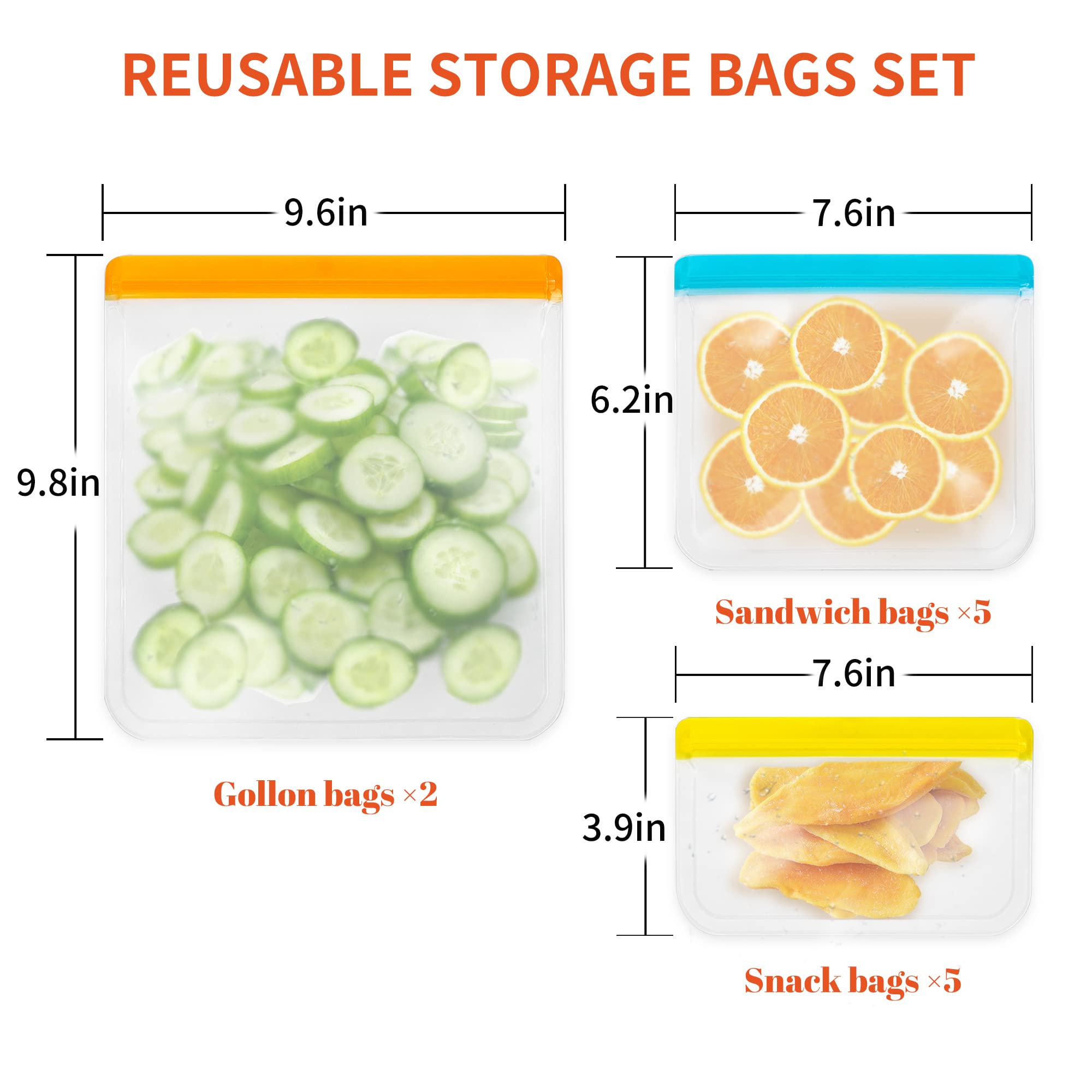 Enloy 12 Pack Reusable Food Storage Bags, Bpa Free Peva Reusable Freezer Bag, 2 Gallon & 5 Sandwich & 5 Snack Size Bags, Leakpro