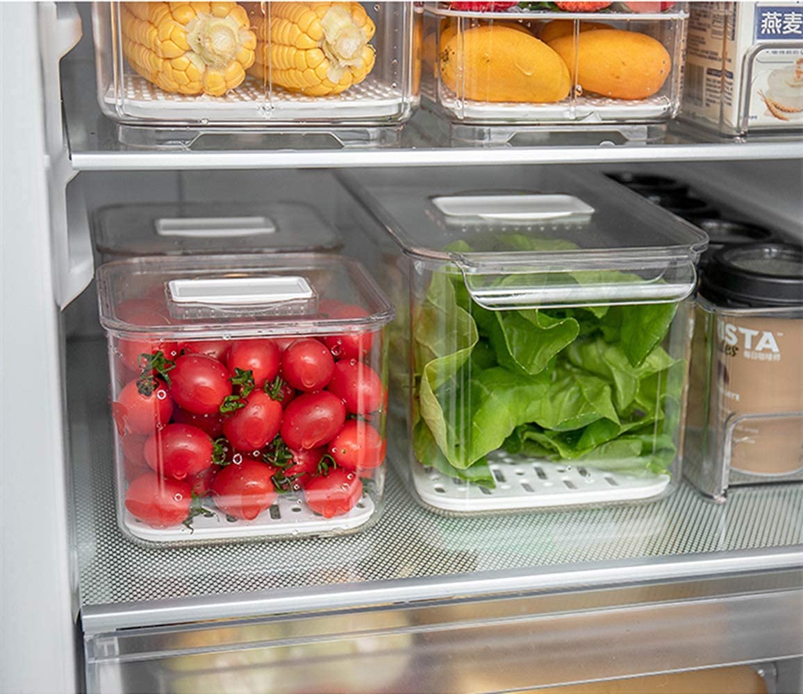 Slideep Food Storage Containers Produce Saver With Lids, Stackable Refrigerator Freezer Organizer Bins With Removable Drain Tray