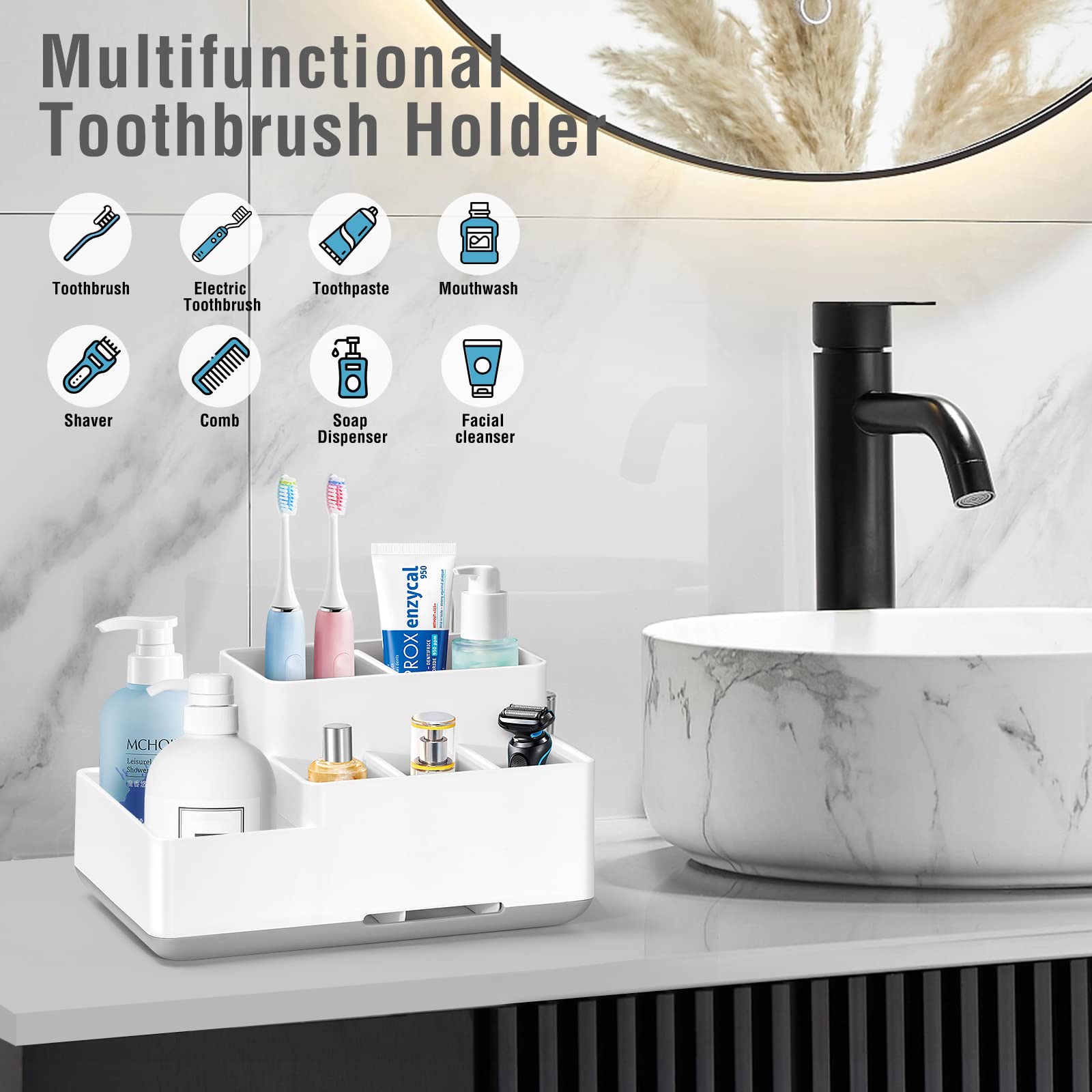 Electric Toothbrush Holder, Detachable Non-Slip Bathroom Organizer Countertop With 6 Compartments And Drainage Holes Bathroom Or