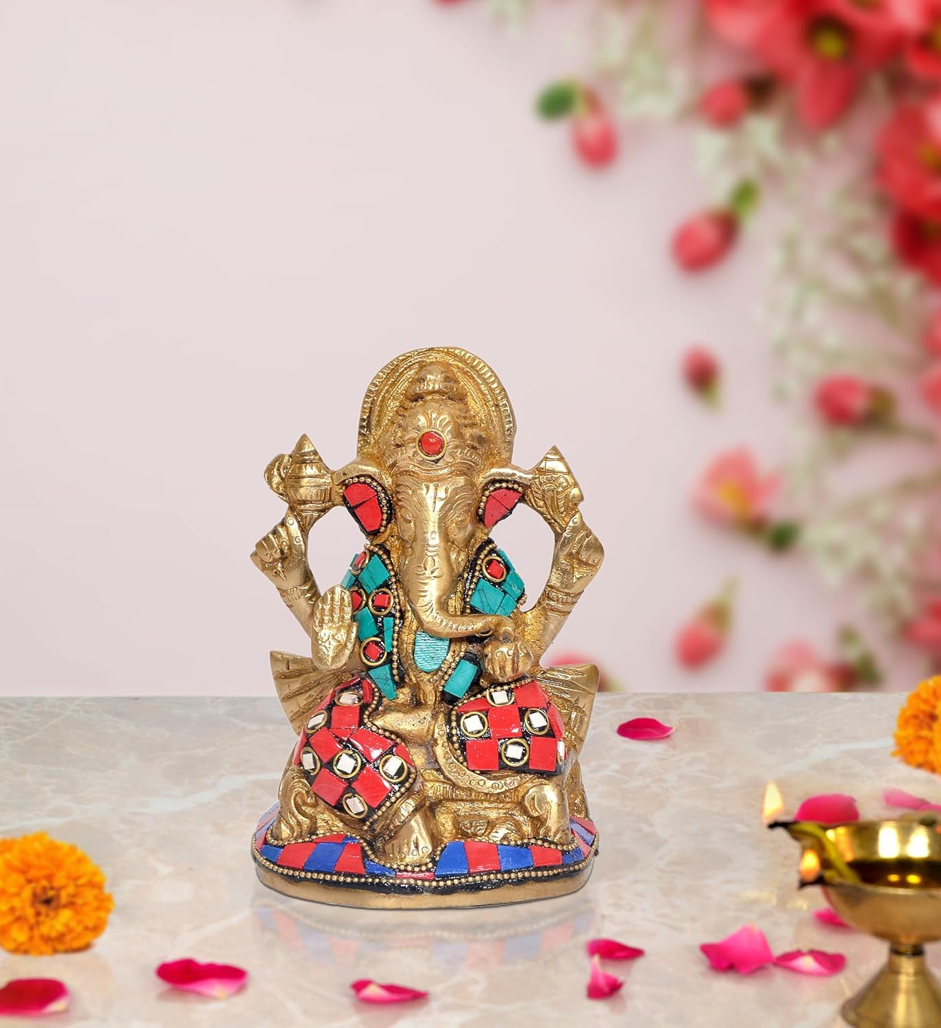 Aona Brass Ganesha Ganesh Idol Statue Murti For Pooja, Height : 5 Inch
