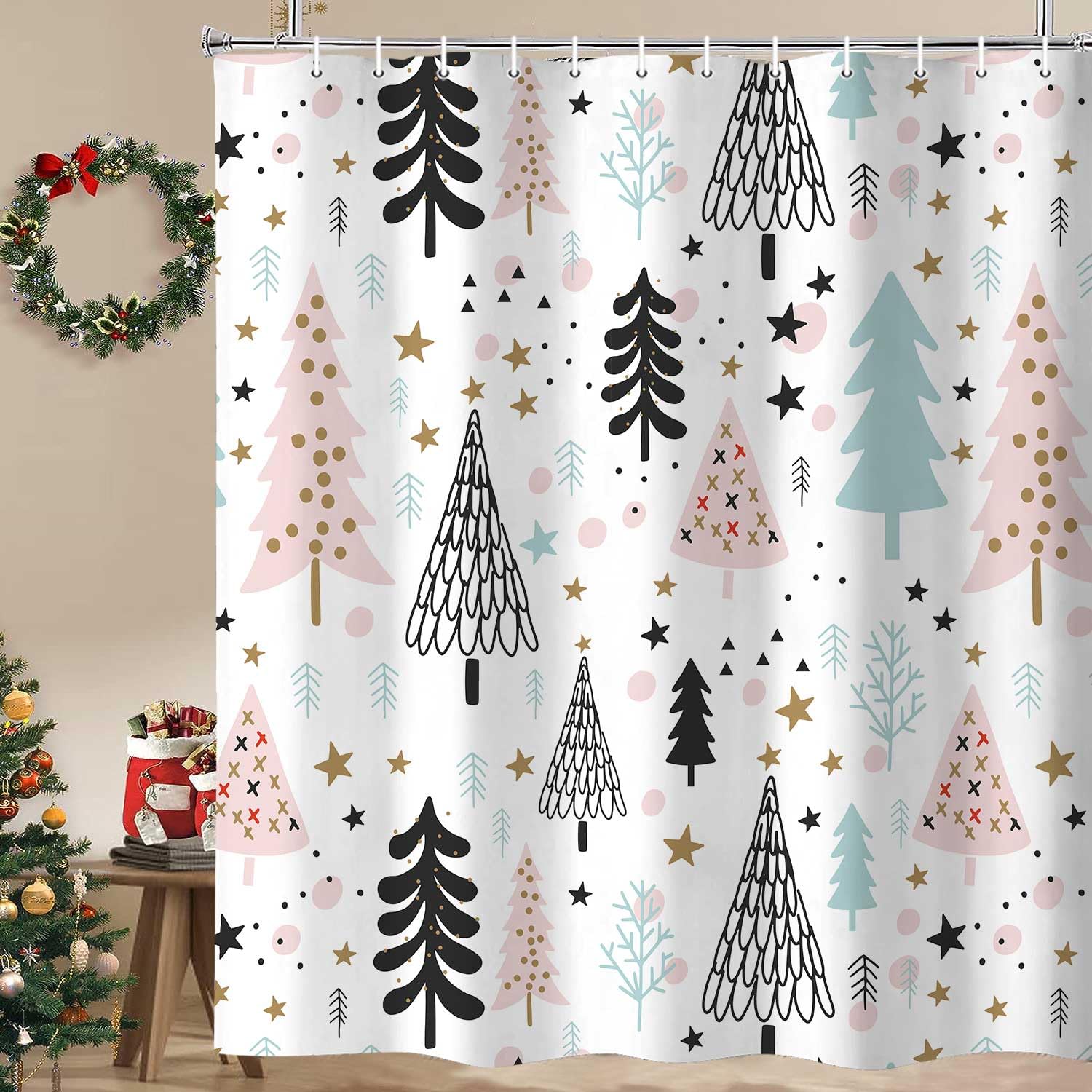 Hjokiupt Merry Christmas Shower Curtain, Winter Fashion Xmas Tree New Year Holiday Home Decor Bath Curtains, Farmhouse Forest Sn