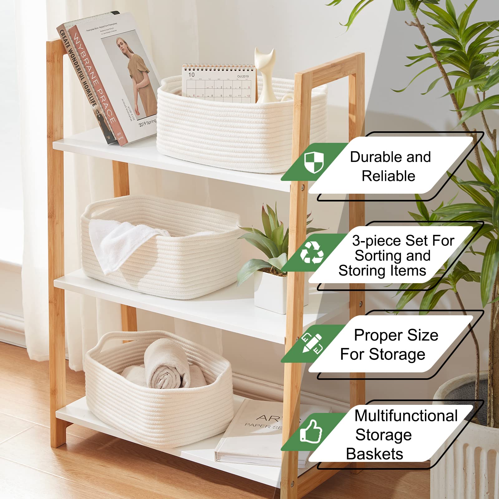 OIAHOMY Cotton Rope Storage Baskets - Set of 3, Pure and White, Decorative Organizing Bins for Closet and Nursery Decor