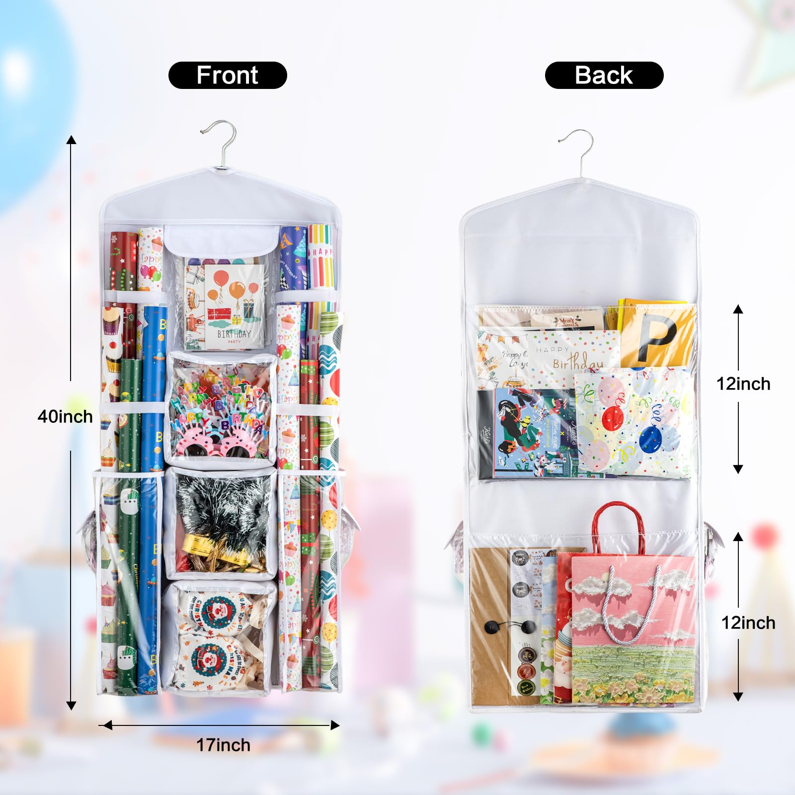 Wrapping Paper Organizer,Hanging Gift Wrap Storage Containers, Eolimex Double-Sided Christmas Wrapping Storage Over Door Organiz
