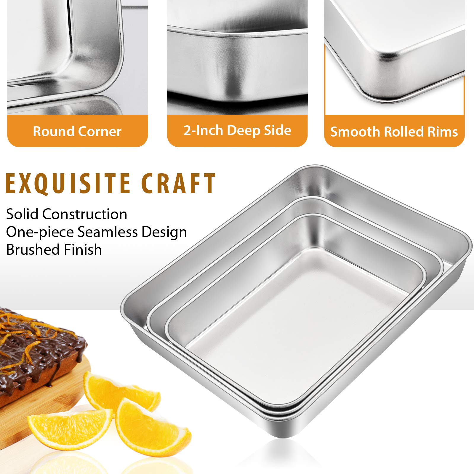 E-Far Baking Pans Set Of 3, Stainless Steel Sheet Cake Pan For Oven - 12.5/10.5/9.4Inch, Rectangle Bakeware Set For Cake Lasagna