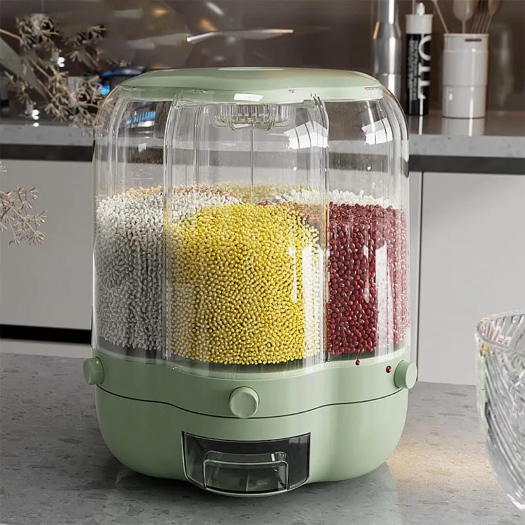 Otistores 360Food Grain Storage Container Large Capacity 6Grid Rice Dispenser With Lid Moisture Resistant, Cereal Holder Dispen