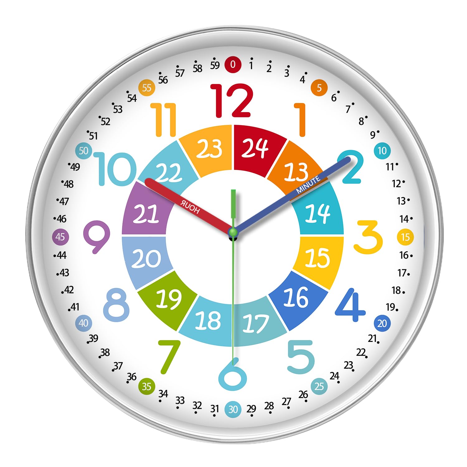 Xfm Small Wall Clock Non Ticking - Colorful Kids Clock For Bedroom - Learning Clock Battery Operated 12 Inch - Analog Clock For 