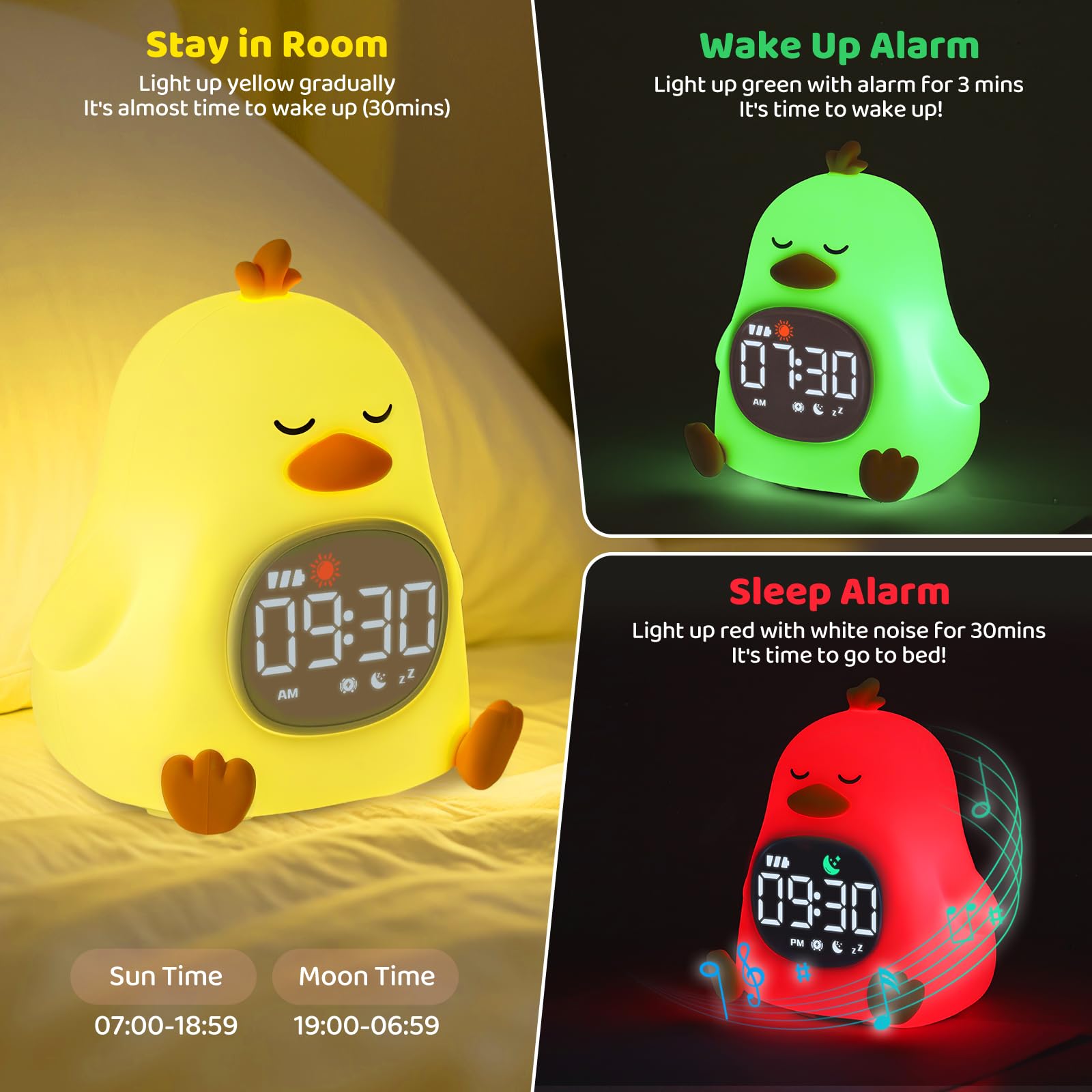 Sleepy Duck Alarm Clock with Night Light for Kids with Sleep Training and Sound Machine, Rechargeable Silicone Lamp OK to Wake C