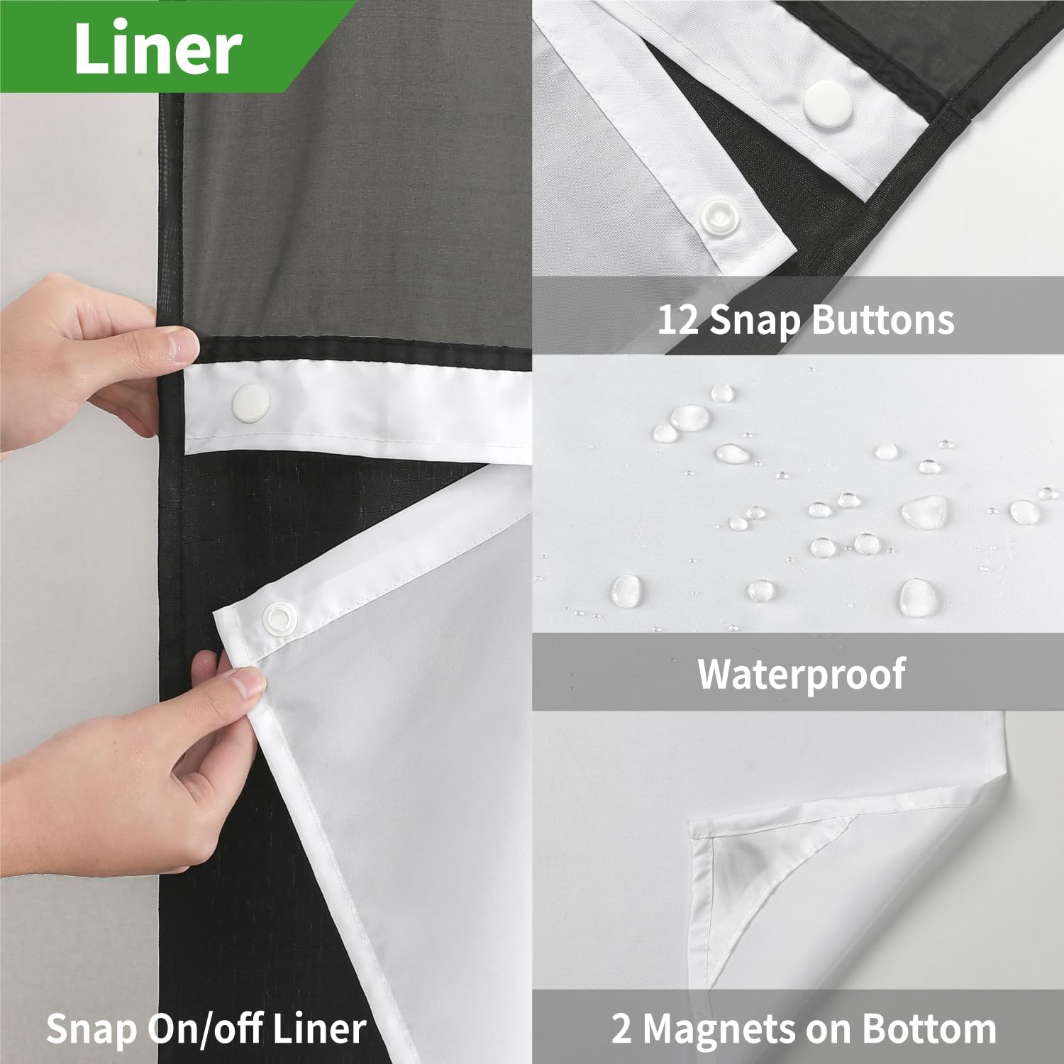 Eachope Extra Long No Hooks Needed Linen Textured Shower Curtain With Snap-In Fabric Liner Set,Black Hotel Luxury Decor Shower C