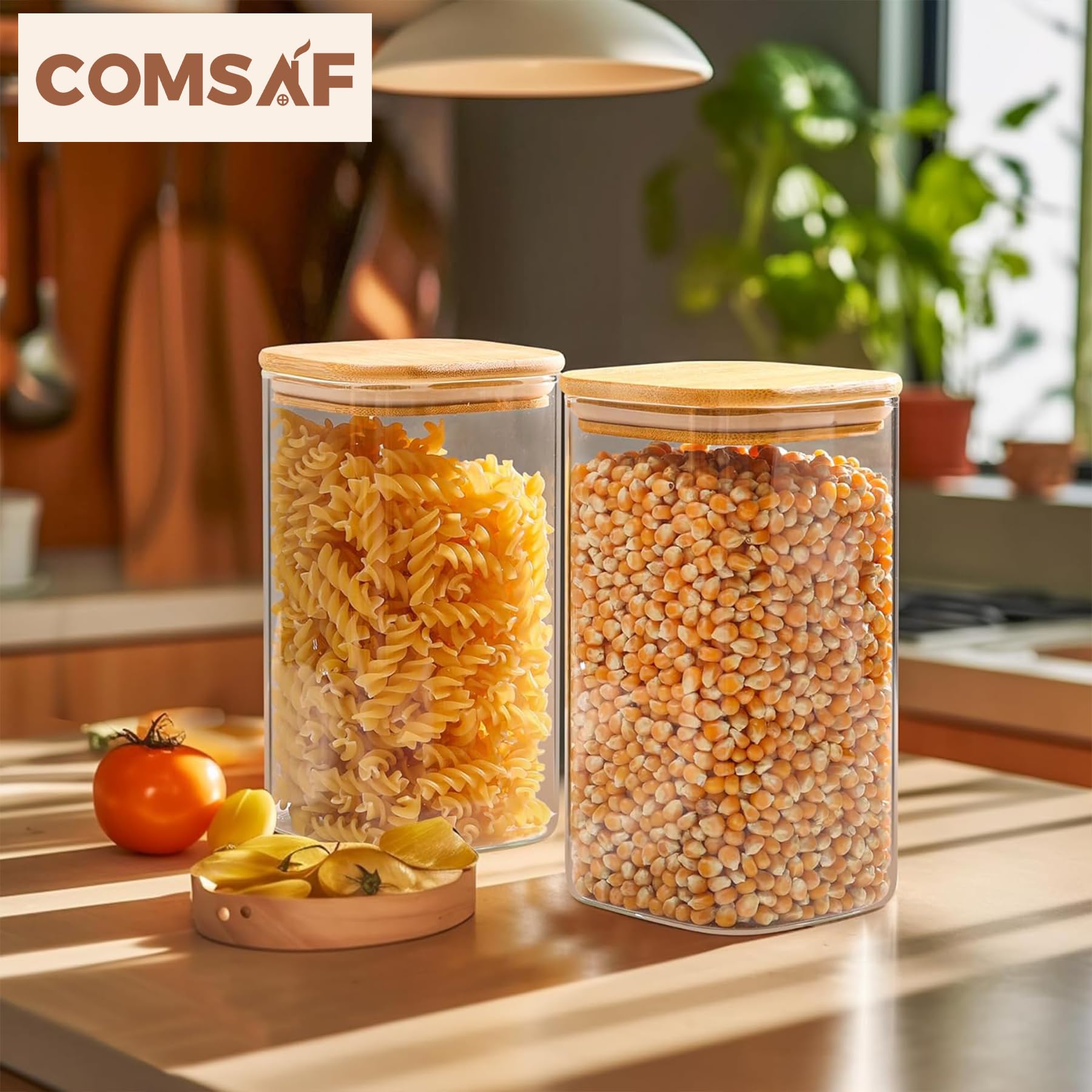 Comsaf 44Oz Glass Storage Containers With Lids, Glass Jars With Lids, Clear Food Storage Jar, Square Glass Canister Set Of 3, Pa