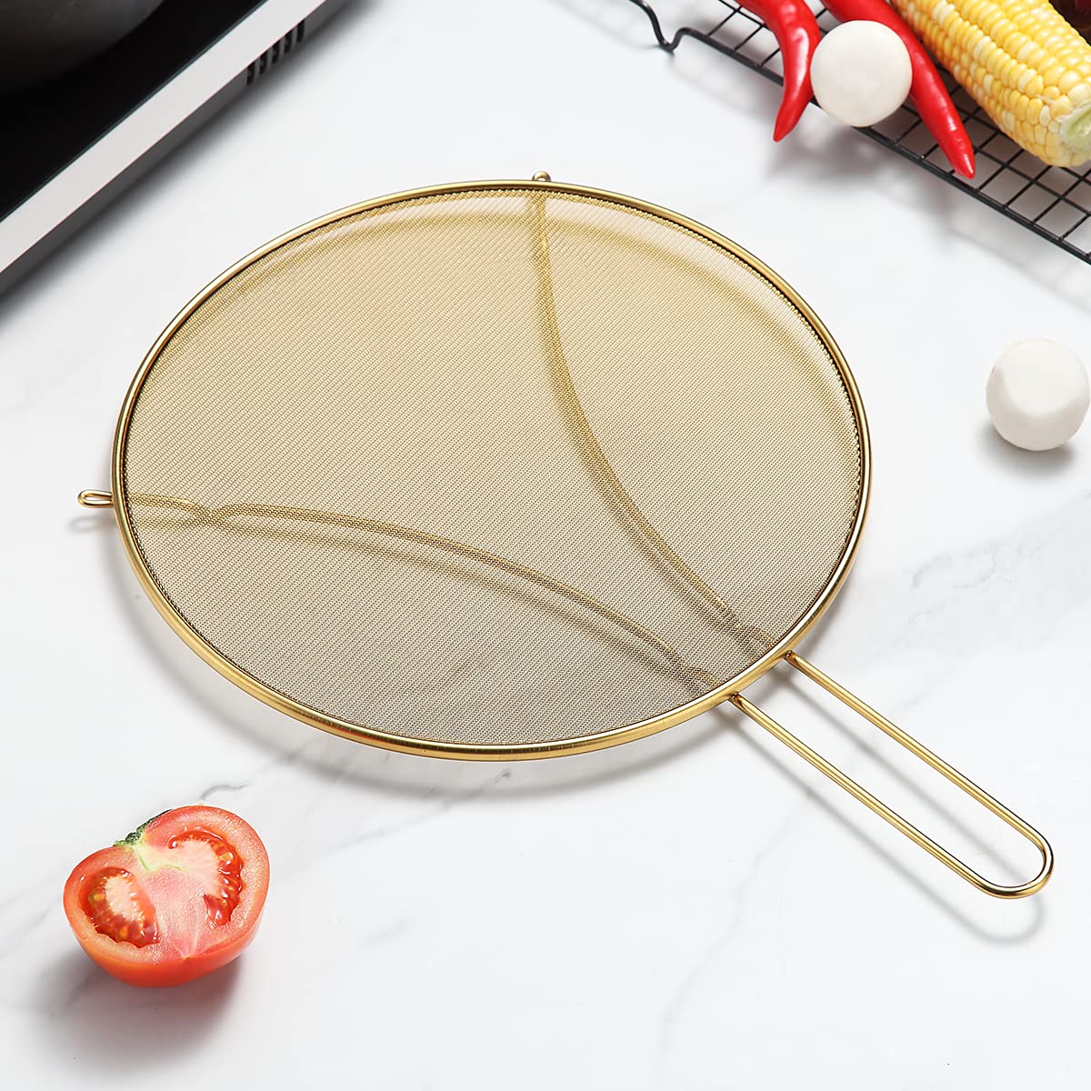 Evanda 12'' Gold Splatter Screen For Cooking, Stainless Steel Fine Mesh For Frying Pan, Grease Guard For Pan To Stop Hot Oil Spl