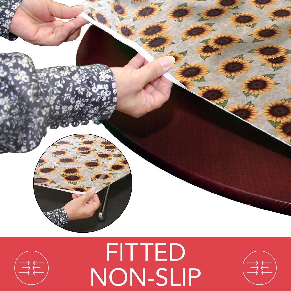 Covers For The Home Deluxe Elastic Edged Flannel Backed Vinyl Fitted Table Cover - Sunflower Pattern - Large Round Oblong Oval -