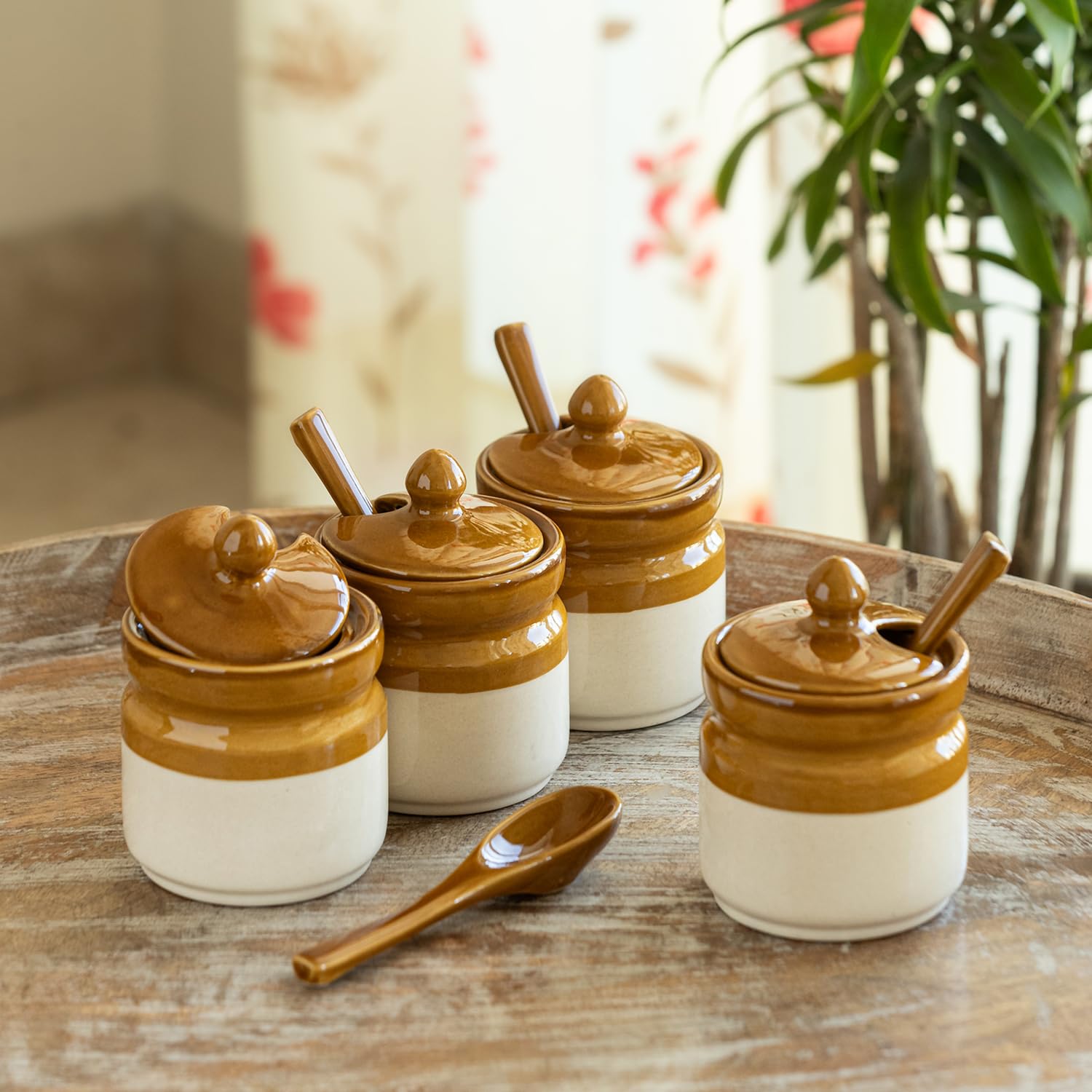 Exclusivelane Barni Tales Ceramic Pickle Jars For Dining Table With Spoon (Set Of 4, NonAirtight, 270 Ml, HandGlazed) | Pick