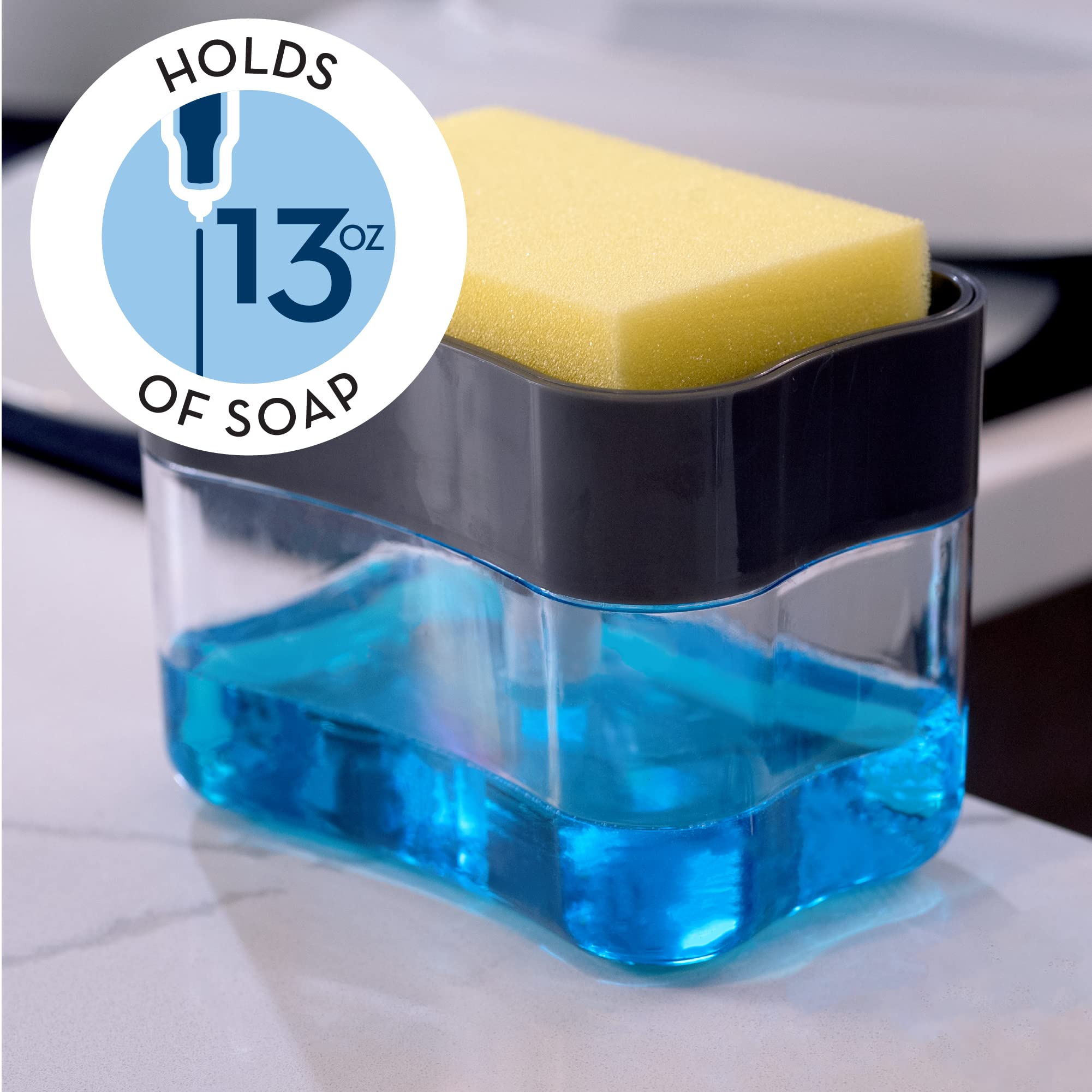 S&T INC. Dish Soap Dispenser and Sponge Holder for Kitchen Sink  Sponge Included  13 ounces  Grey