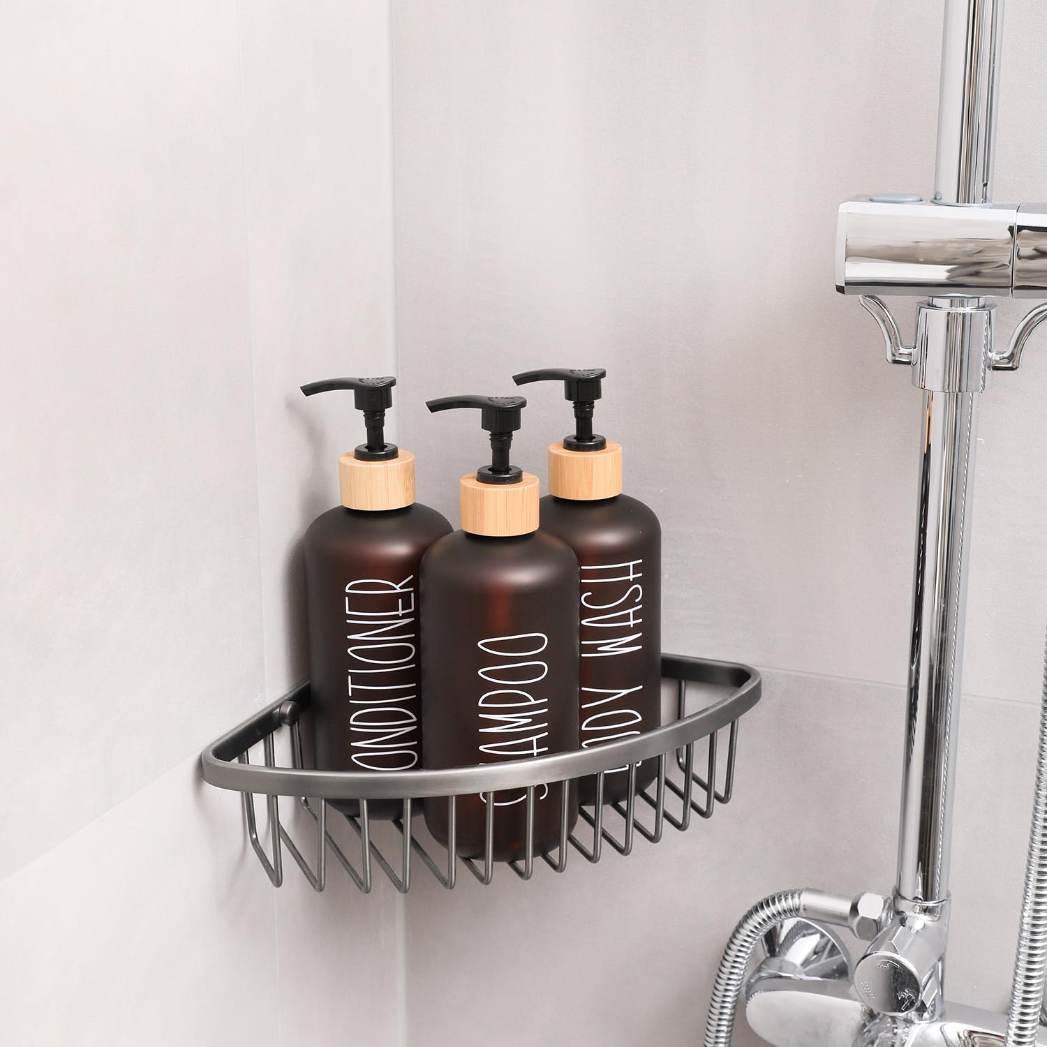 Momeemo Amber Shower Dispenser Set, Contains 3 Extra-Thick Pet Plastic Bottles With Bamboo Pumps, Shampoo And Conditioner Dispen