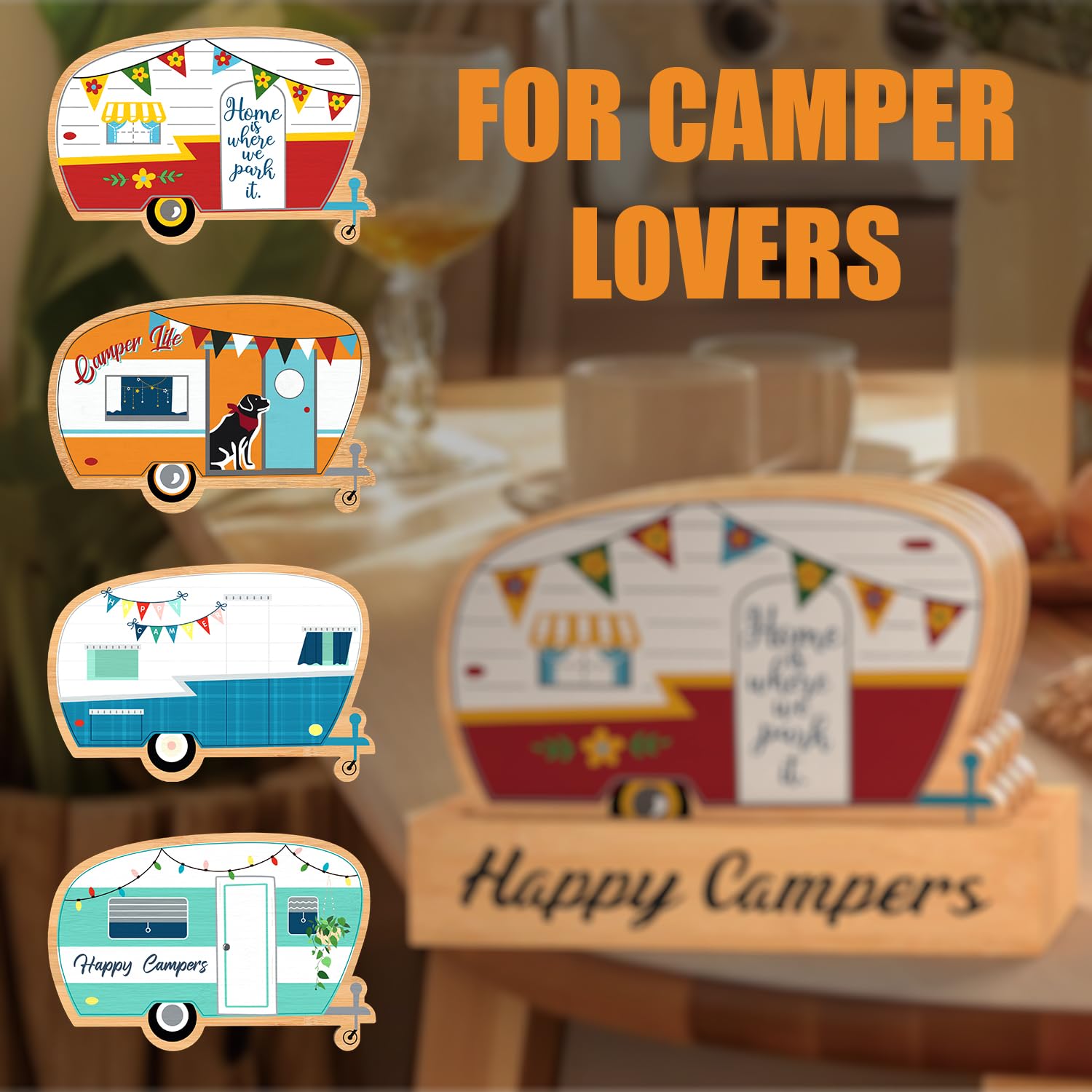 Haigoo Camping Coasters Set Of 6, Happy Camper Bamboo Coaster With Holder, Rv Lover Gifts Square Drink Coasters Suitable For Var