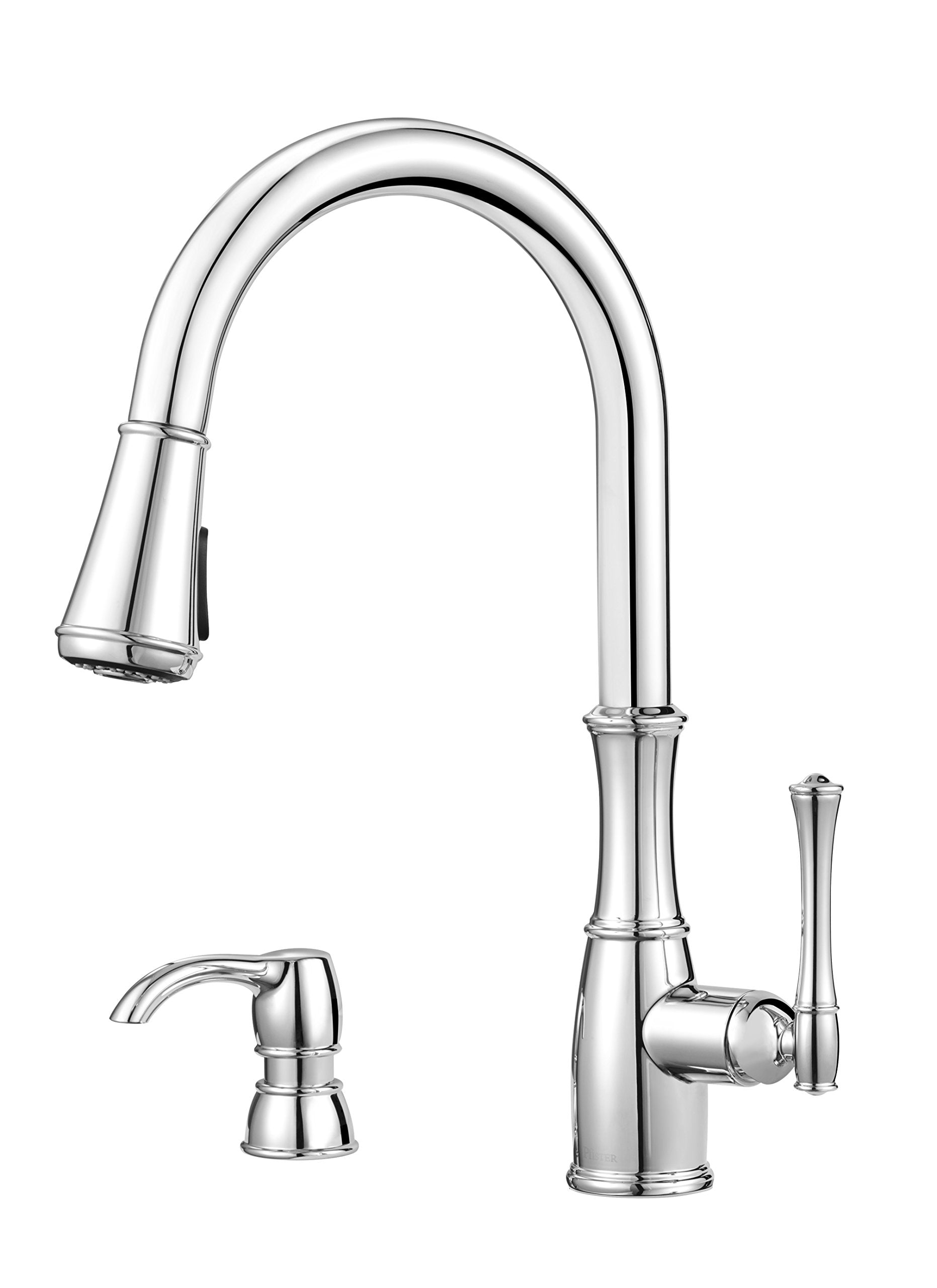 Pfister Wheaton Kitchen Faucet with Pull Down Sprayer and Soap Dispenser, Single Handle, High Arc, Polished Chrome Finish, GT529