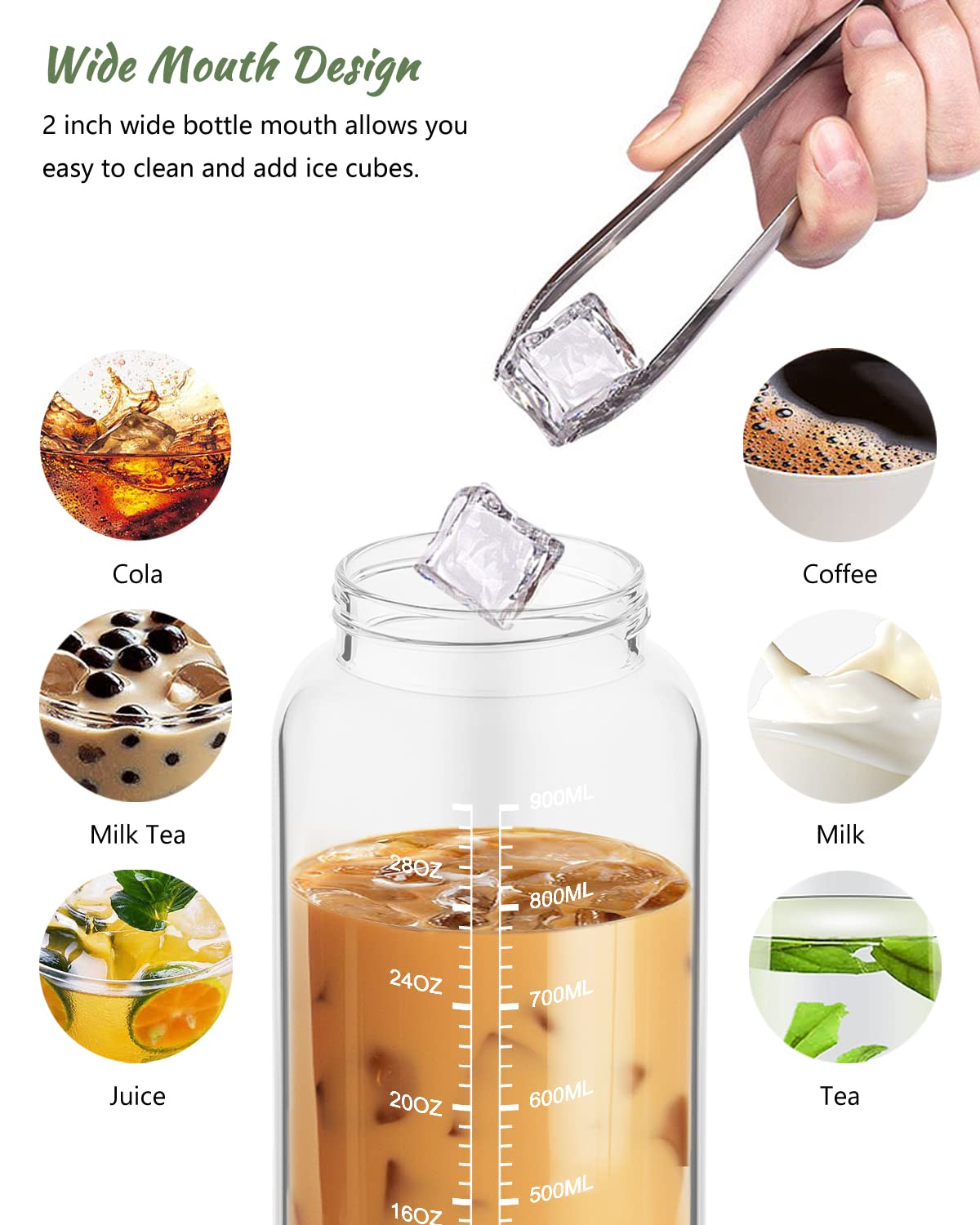 Nefeeko 32 Oz Glass Water Bottles With Straw, Time Marker, Motivational 1 Liter Bpa Free Leakproof Reusable Glass Water Bottle W