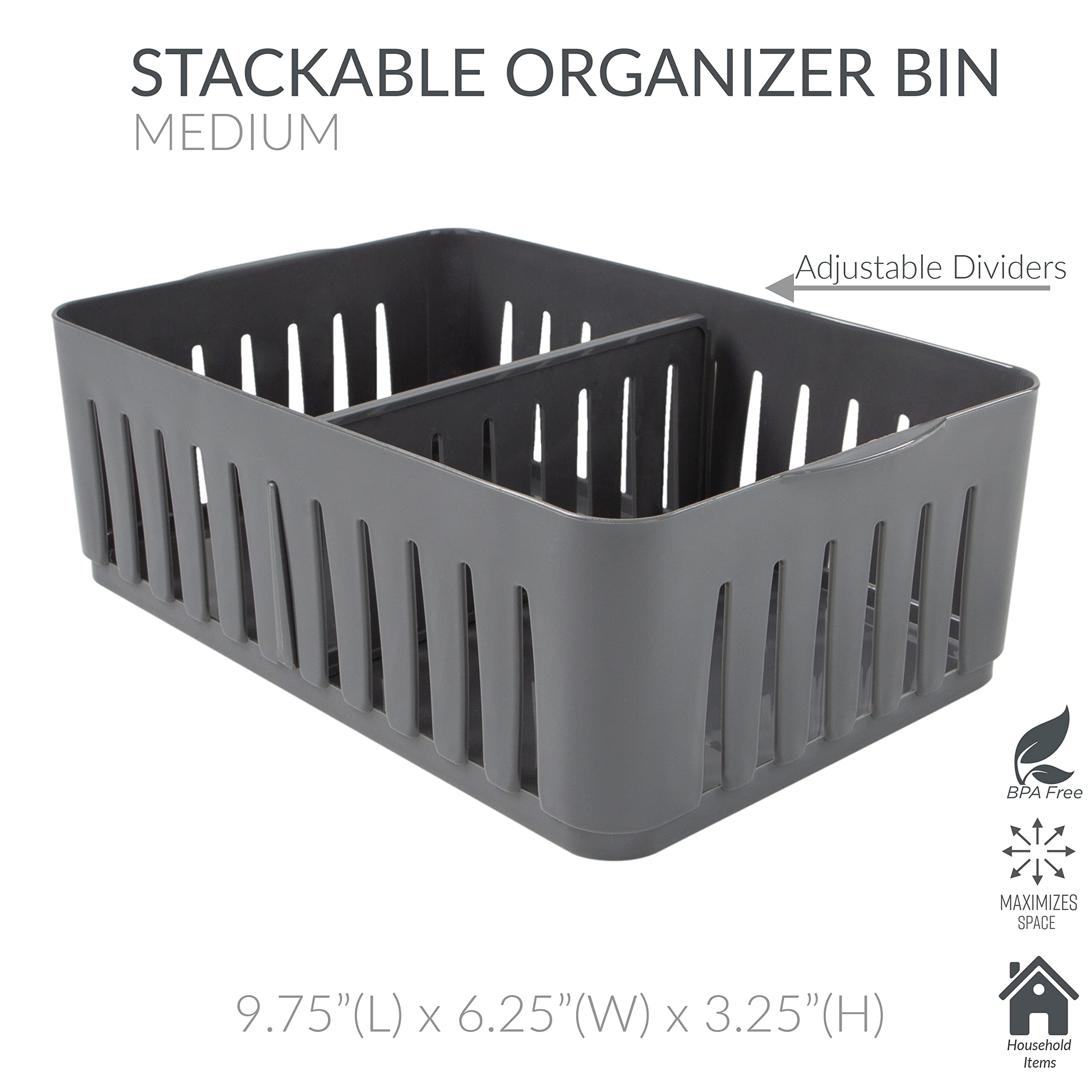 Simplify 3 Compartment Stackable Bin with Adjustable Dividers | Drawer Organizer | Storage Basket | Good for Office | Desk Suppl