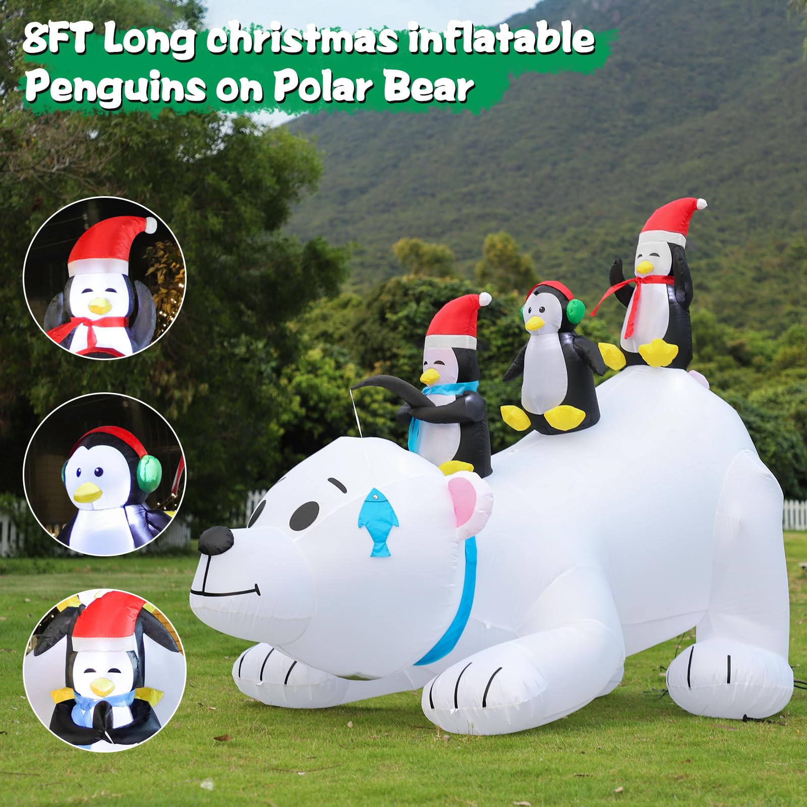 FunFanso 8FT Christmas Inflatable Polar Bear with Penguins Outdoor Yard Decorations, Blow up 3 Penguins Fishing on Big Polar Bea