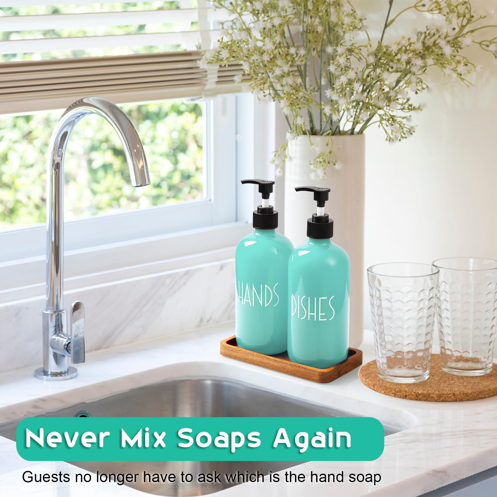 Alelion Turquoise Dish Soap Dispenser For Kitchen - 16 Oz Glass Hand Soap Dispenser Set With Pump And Acacia Wood Tray - Turquoi