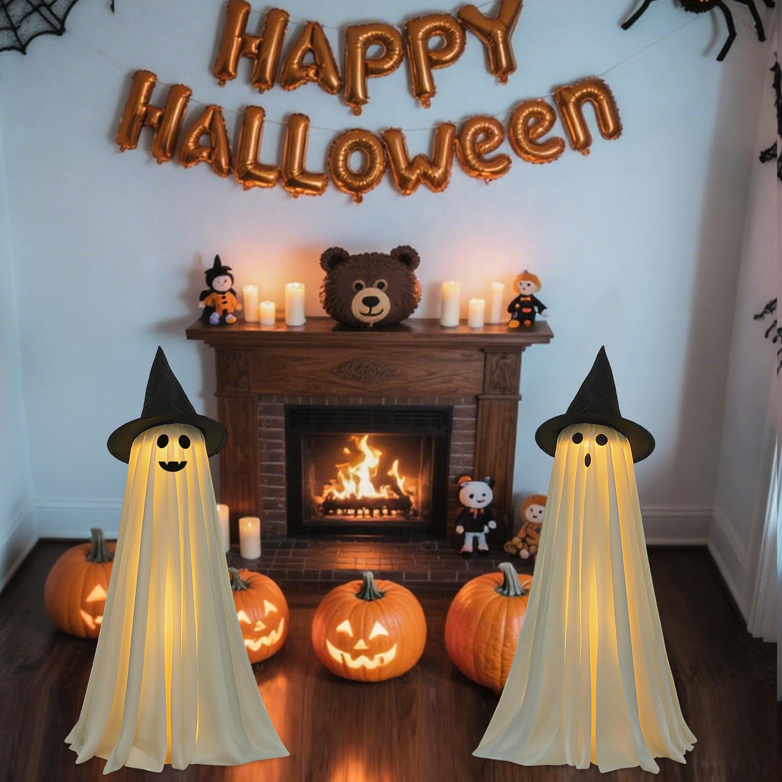 Halloween Decorations Indoor Outdoor, 2 Packs Light Up Spooky Ghost with Pumpkin Halloween Decor Crafts, Indoor Cute Party Ghost