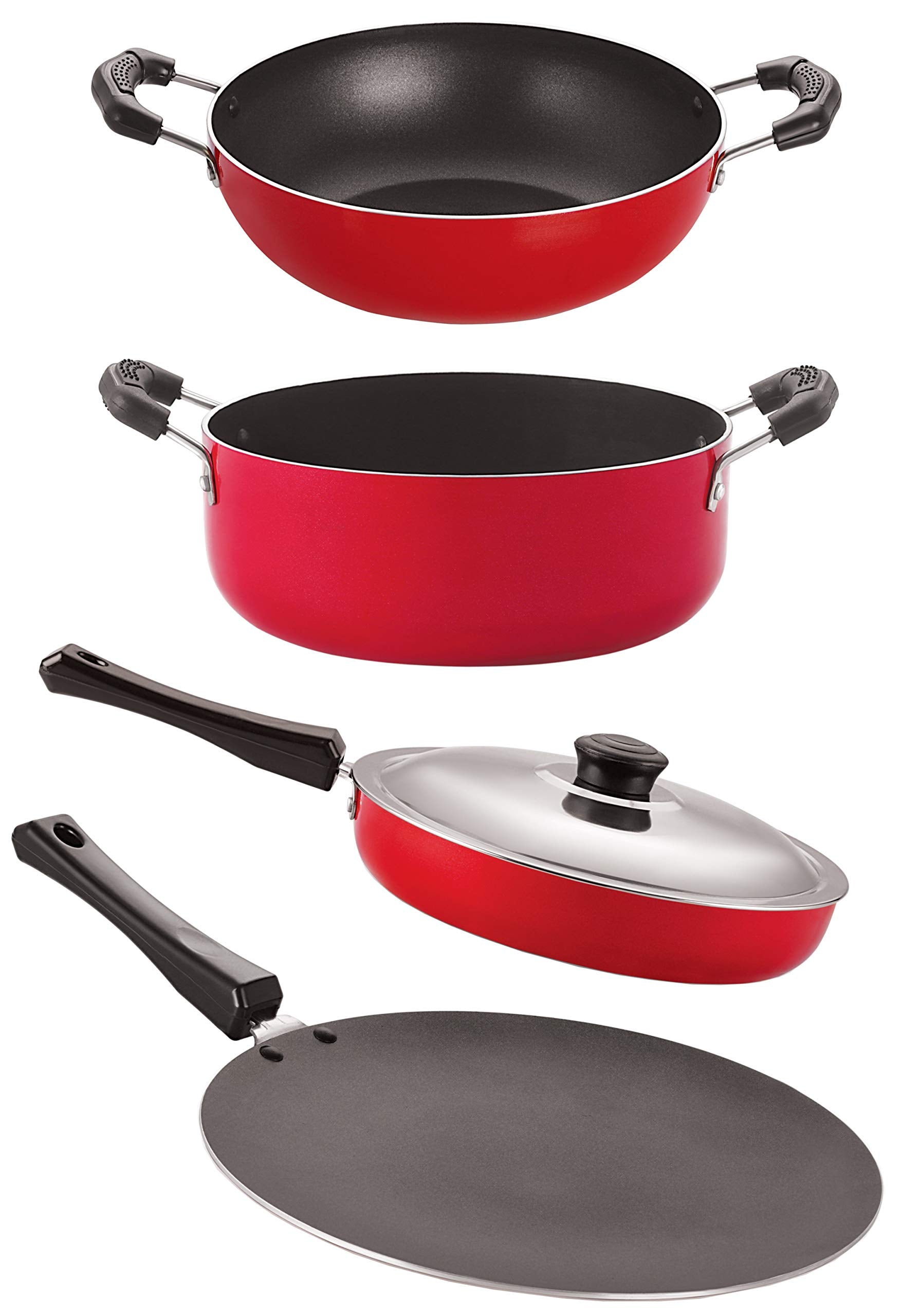 Nirlon NonToxic Oil Free Non Stick Cookware Essential Gift Set With Bakelite Handle,4 Pieces (Red & Black) (Ct12_Fp12_Kd11_Cs24