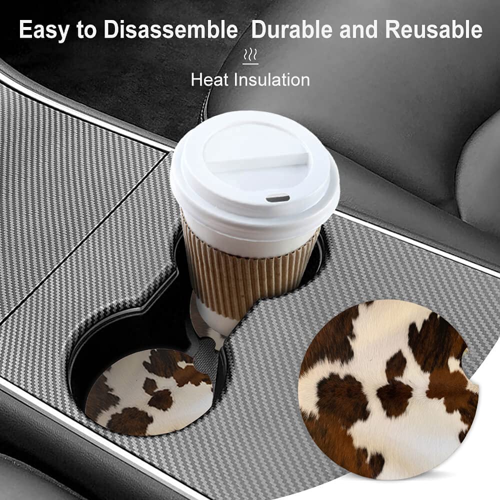 Absorbent Car Coasters 2 Pack For Womenmen,Cow Hide Car Coaster For Drinks,Ceramic Stone Car Cup Holder With A Finger Notch,Farm