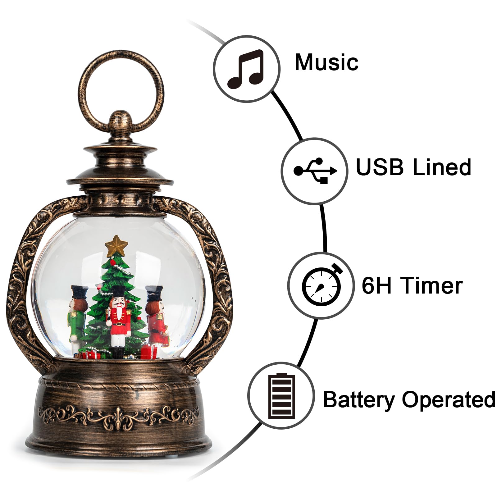 Christmas Snow Globe Lantern Water Glittering Nutcrackers with Music & Timer, USB Lined/Battery Operated Lighted Lantern for Chr