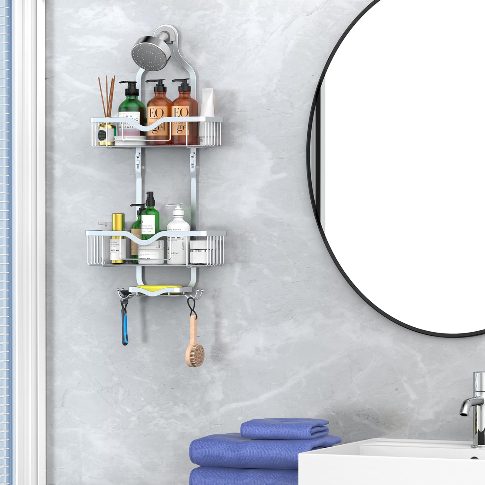 Kadolina Hanging Shower Caddy, Over Head Shower Caddy Shower Organizer Rack Basket With Soap Dish, Hooks For Razor And Sponge (B