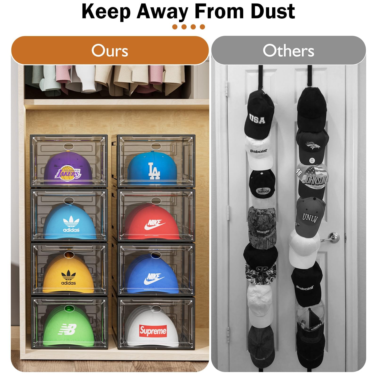 Yklslh Hat Organizer Box, 6 Boxes For 40 Pack Hats, Upgrade Harder Solid Plastic Hat Organizer For Baseball Caps, Clear Hat Stor