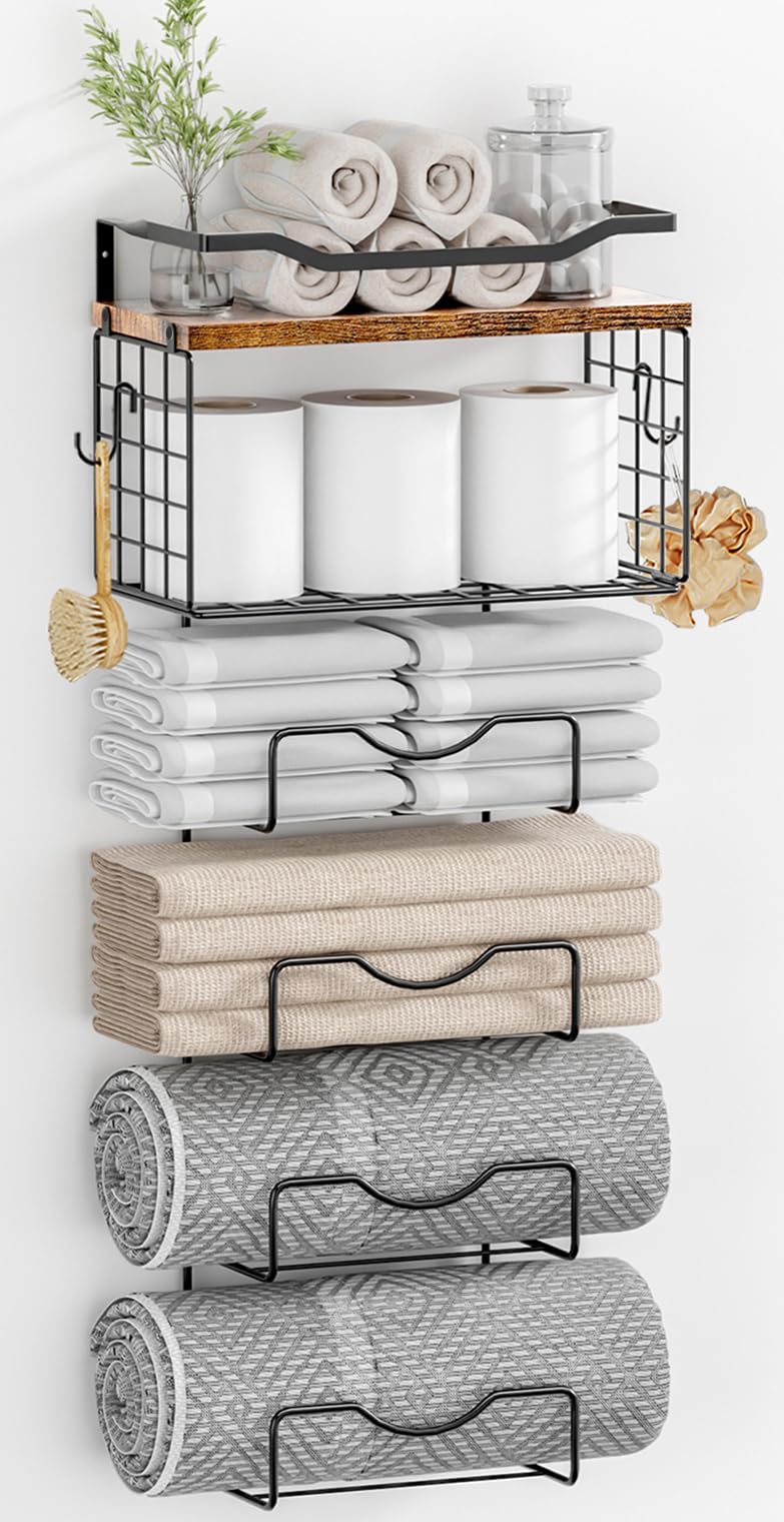 Lidtop Towel Racks For Bathroom,Towel Rack Wall Mounted, 6 Tier Rolled Or Folded Towel Holder With Floating Shelves, Bathroom To