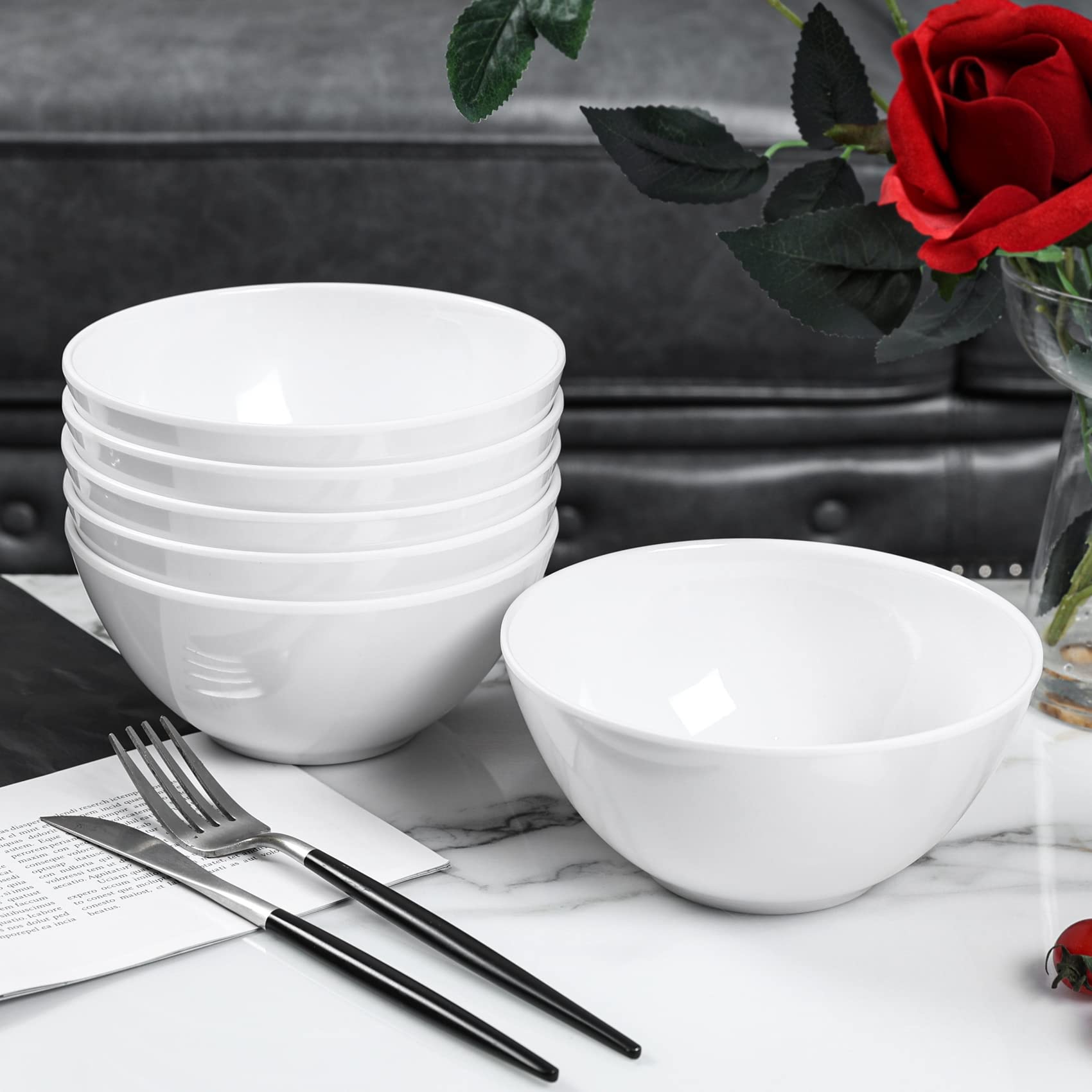 Yinshine Melamine Cereal Bowls - 28Oz White Dinnerware Soup Bowls Set, Pack Of 6