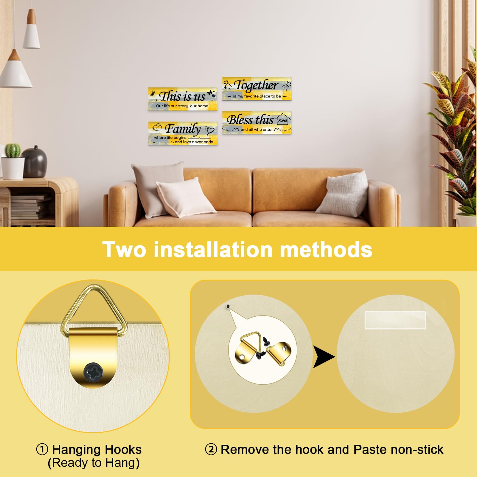 Lnond 4 Pieces Yellow Abstract Living Room Wall Decor, Motivational Home Family Rustic Wall Art Decor for Bedroom Living Room, R