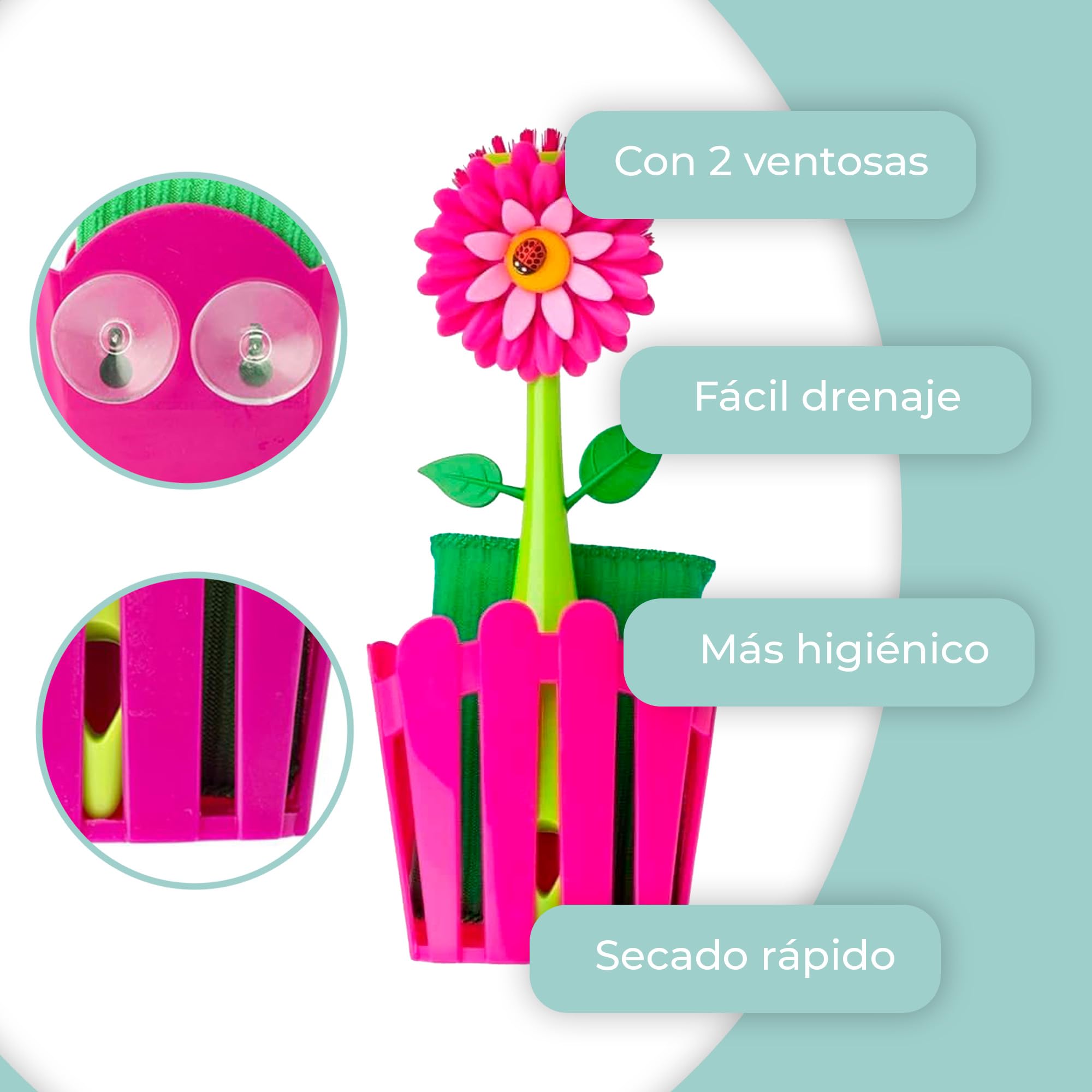 Vigar Flower Power 3-Piece Sink Caddy Set, Daisy-Shaped Dish Brush, Sponge And Fence-Shaped Holder With Suction Cup, Pink