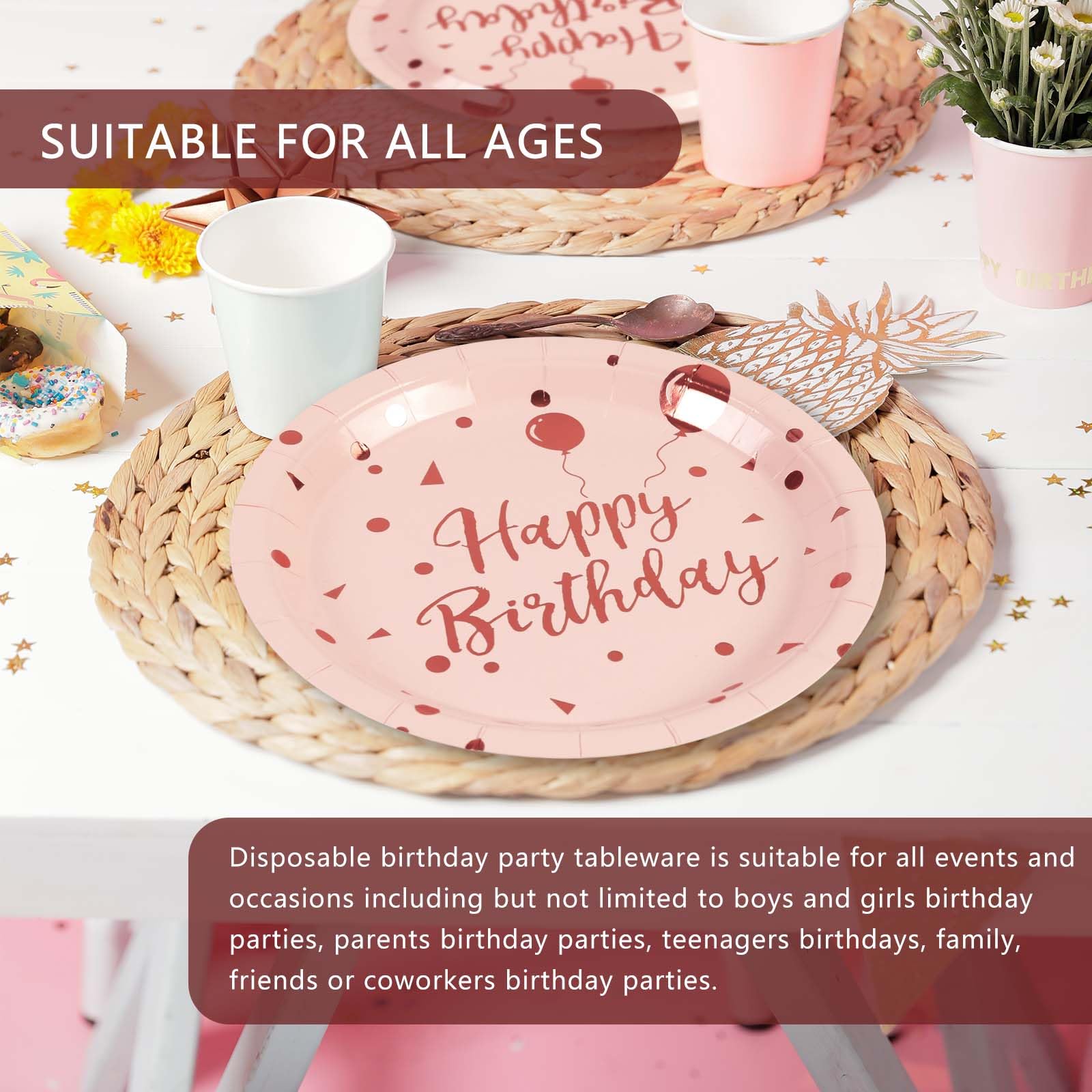 75Pcs Happy Birthday Paper Plates - 7 Inch Rose Gold Dot Paper Plates And 6.5 Inch Napkins With 6.3 Inch Gold Forks Disposable T