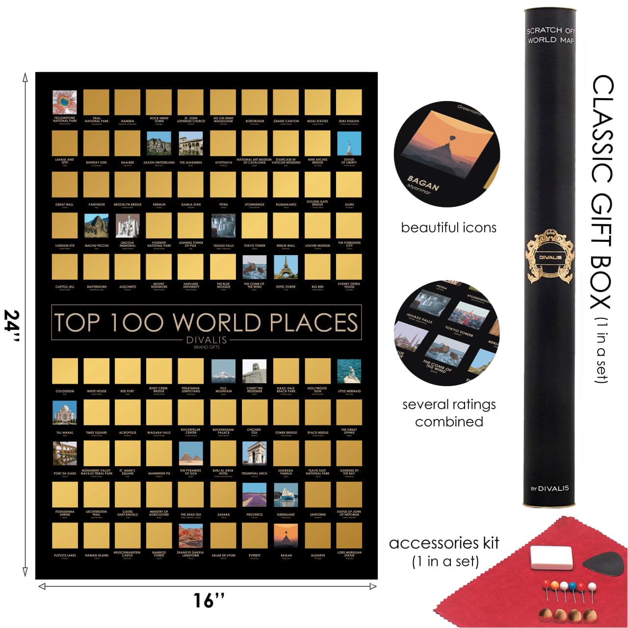 2 in 1 Gift Set - Scratch off Poster Top 100 Places to Visit in the World and Scratch off World Map - Best Places I`ve Been Map - Globetrotter Poster of Places Where You Have Been - Bundle of Two