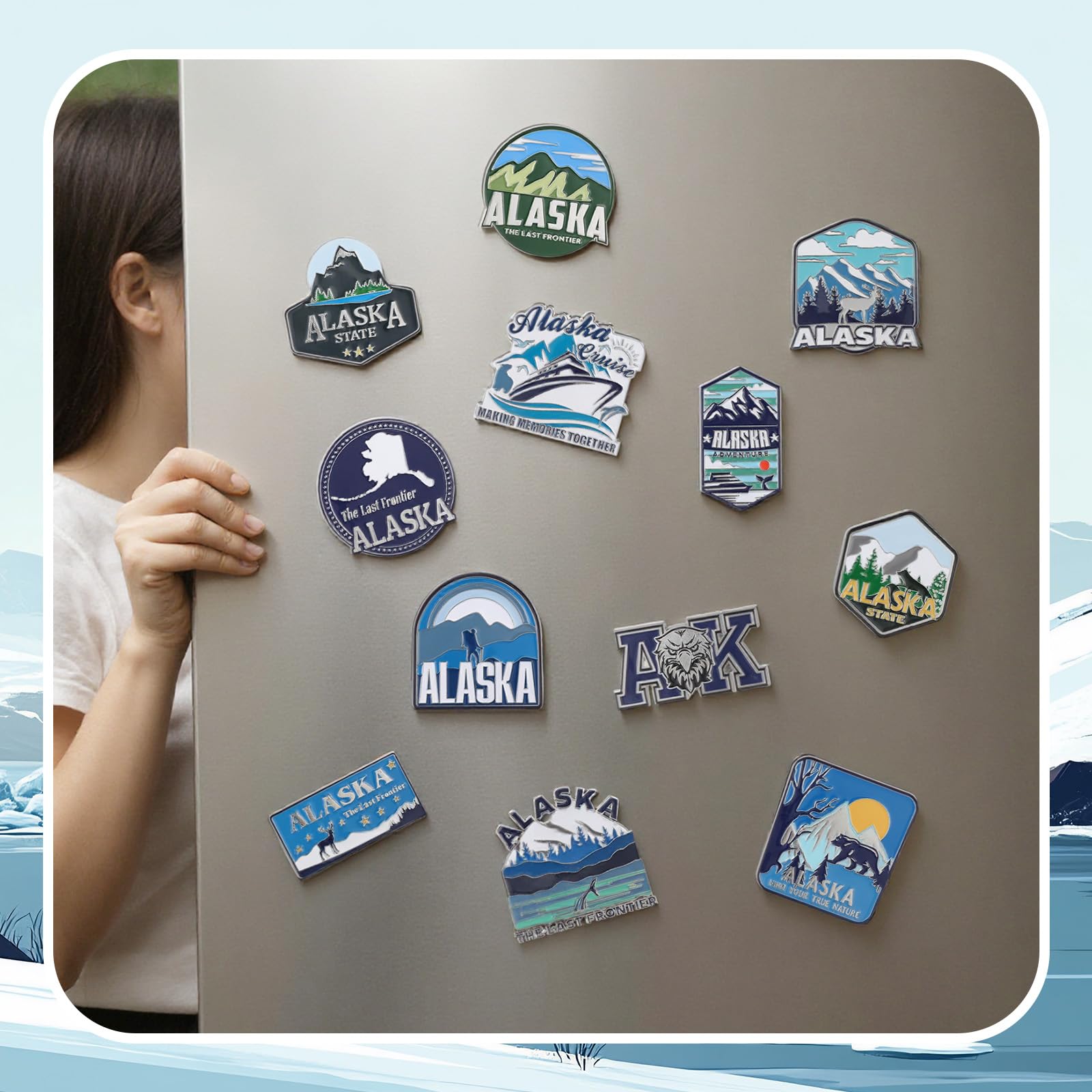 Konohan 24 Pcs Alaska Magnets for Refrigerator Metal Fridge Magnet Magnetic Alaska Souvenirs Gifts USA State Magnetic US City Re