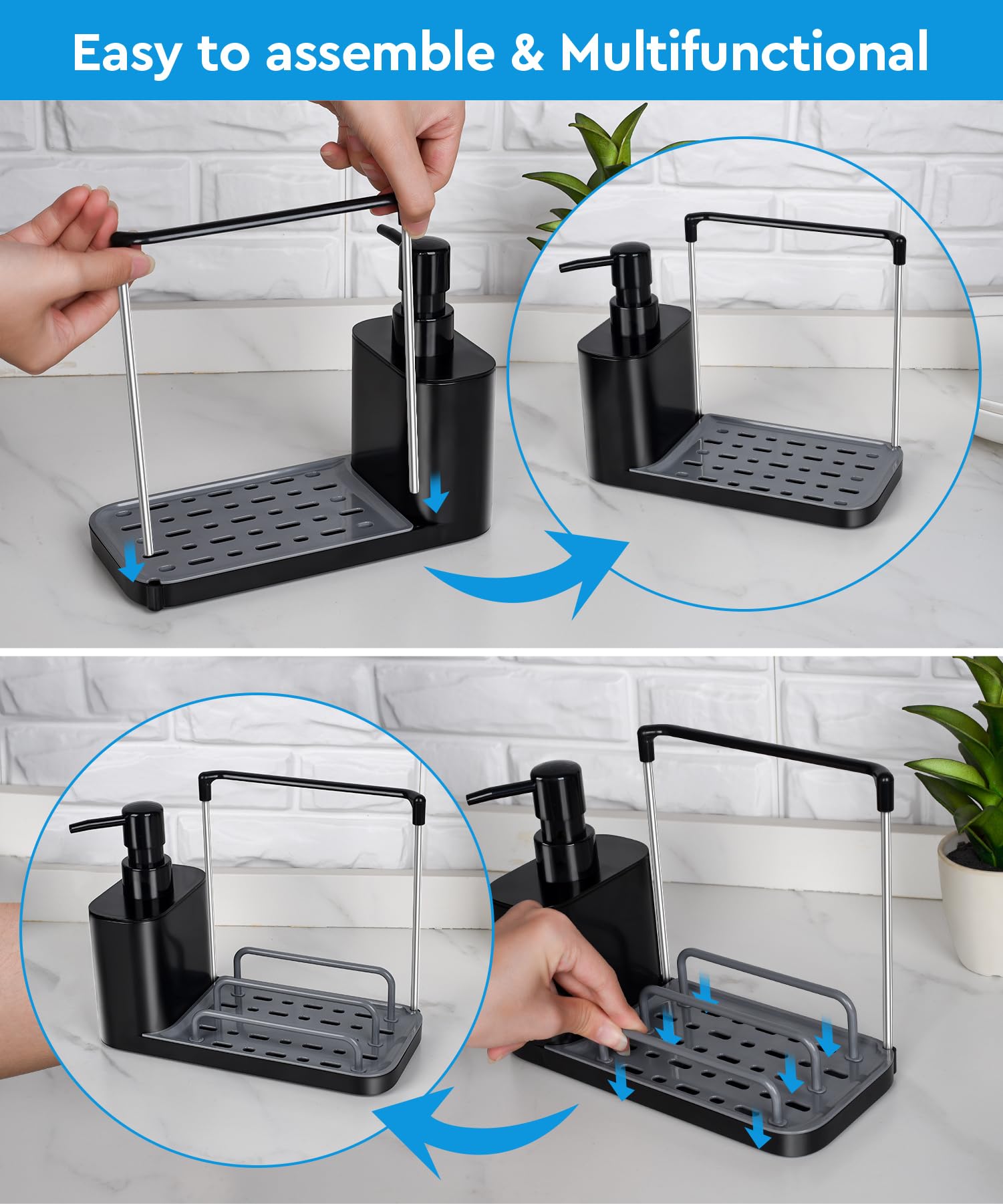 Hand And Dish Soap Dispenser Set With Tray, Dual Soap Dispenser With Sponge Holder And Dishcloth Holder 5-In-1 Organizer For Kit