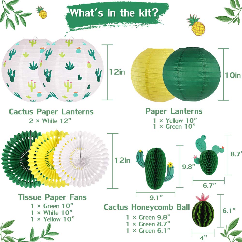 Zilue Cactus Party Decorations, Hawaiian Party Supplies Tropical Hanging Paper Lanterns Cactus Honeycomb Tissue Paper Fans For L
