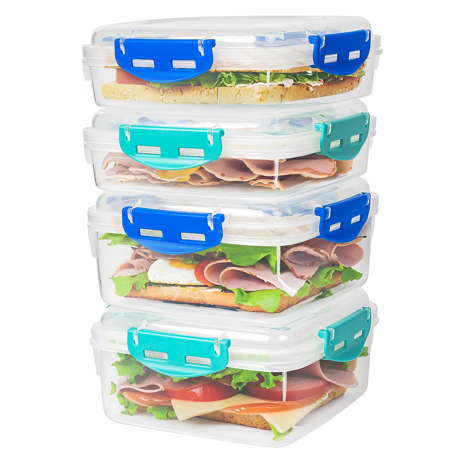 4 Pcs Sandwich Containers - 100% Airtight & Bpa-Free & Microwave & Dishwasher Safe Kitchen Storage Containers With Upgraded Snap