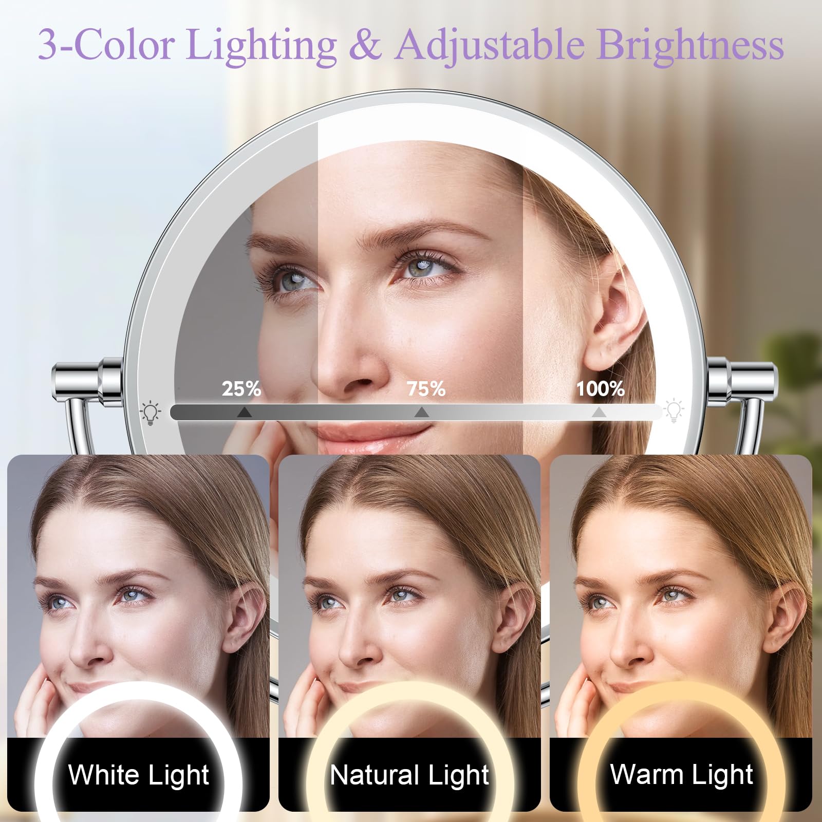 Wall Mounted Makeup Mirror With Lights, Magnifying Mirror 10X/1X Double-Sided, Plug-In Vanity Mirror With 3 Color Lights & Brigh